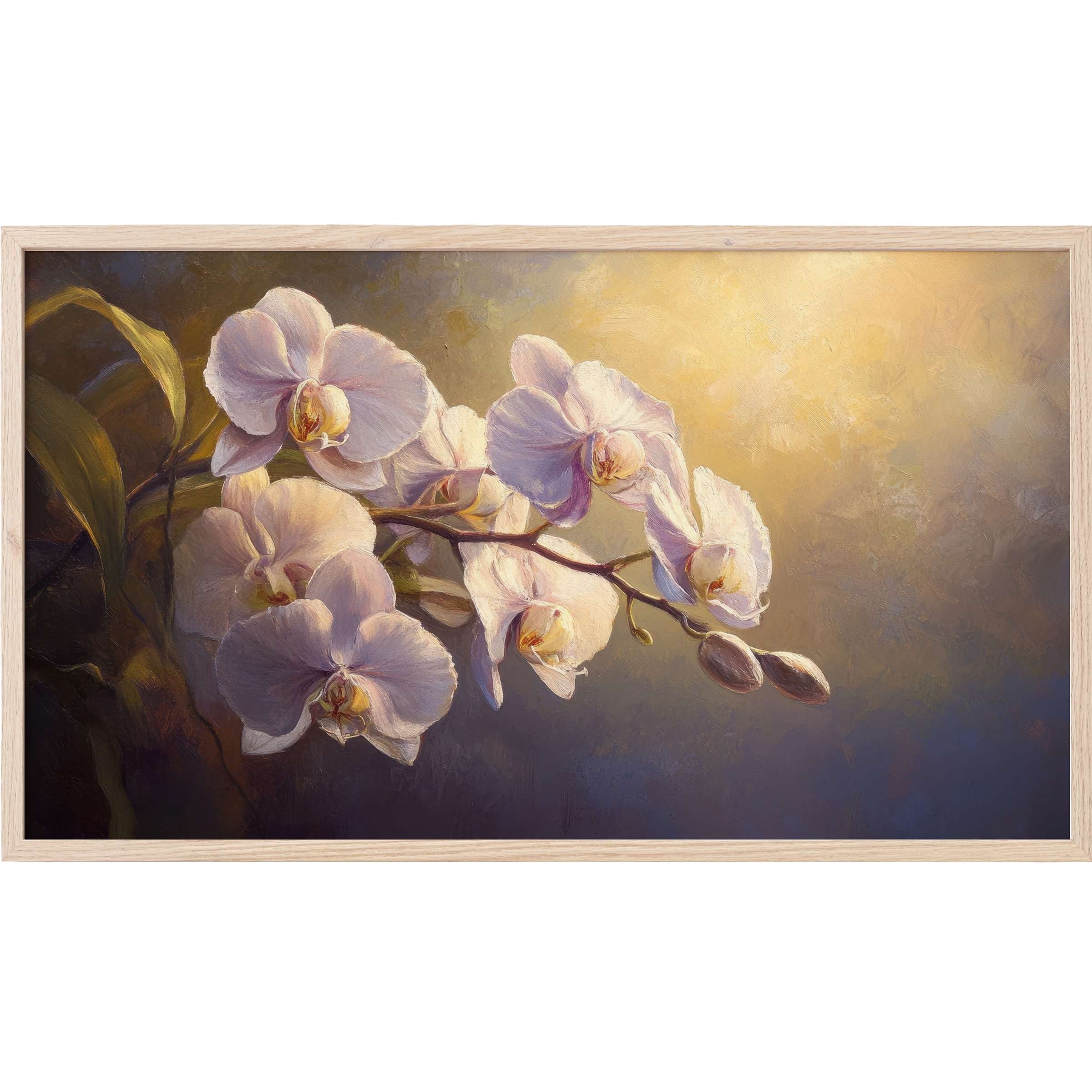 Floral Frame TV Art featuring soft white orchids bathed in warm golden light with a textured, painterly style