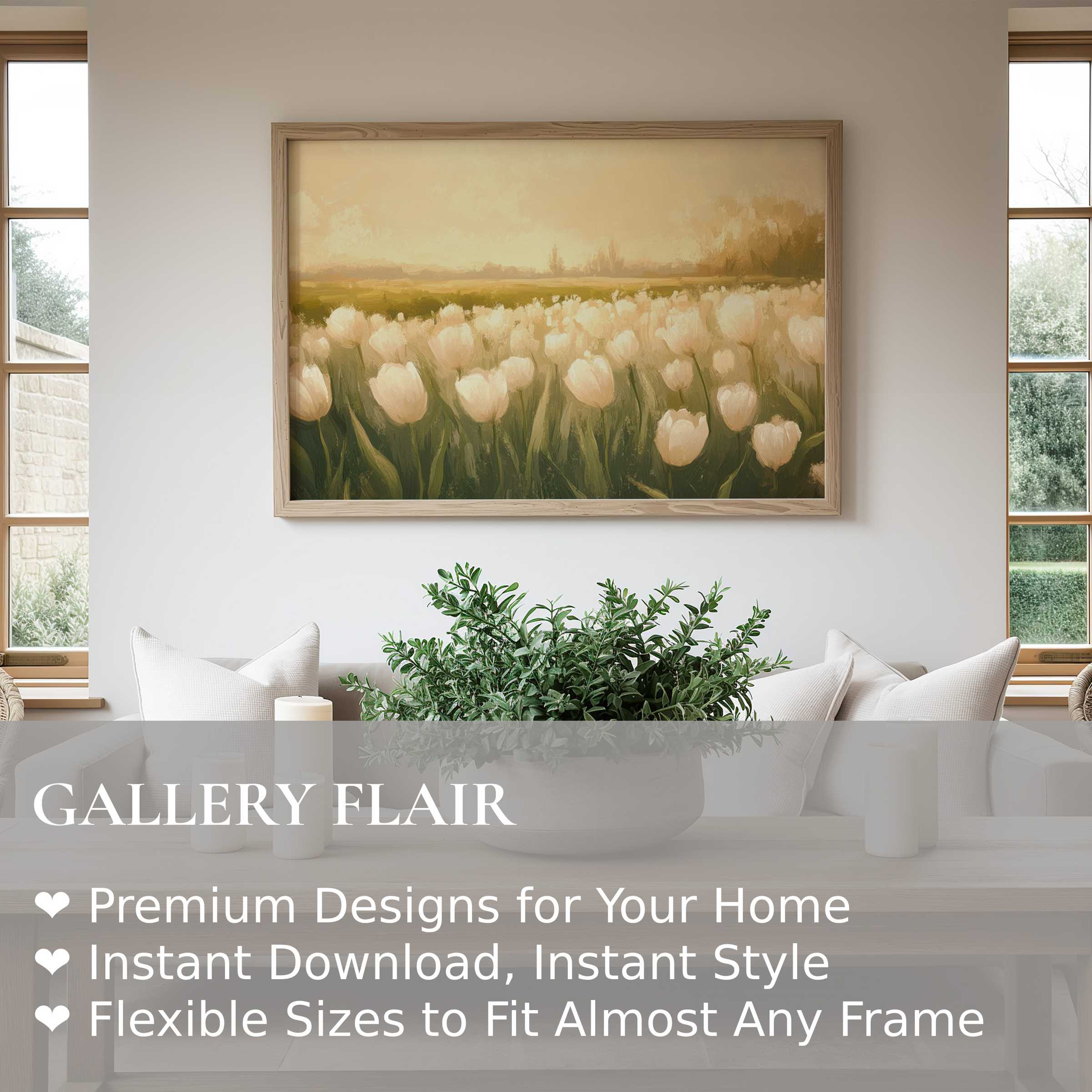 Serene spring wall art print featuring soft white tulips in a warm, muted palette, elevating minimalist modern interiors with calming natural elegance