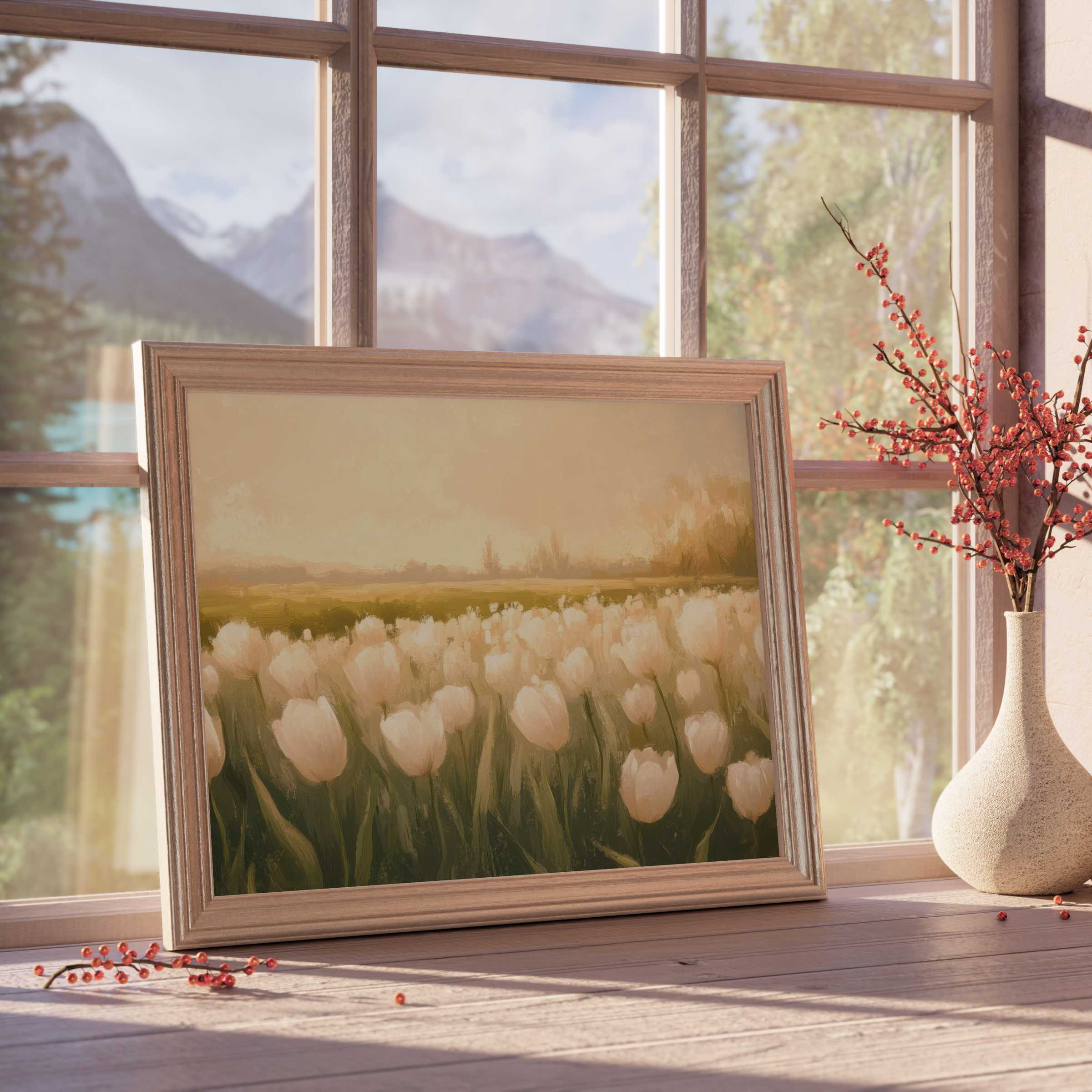 Spring downloadable art of soft white tulips bathed in warm light, enhancing serene, curated interiors with timeless elegance