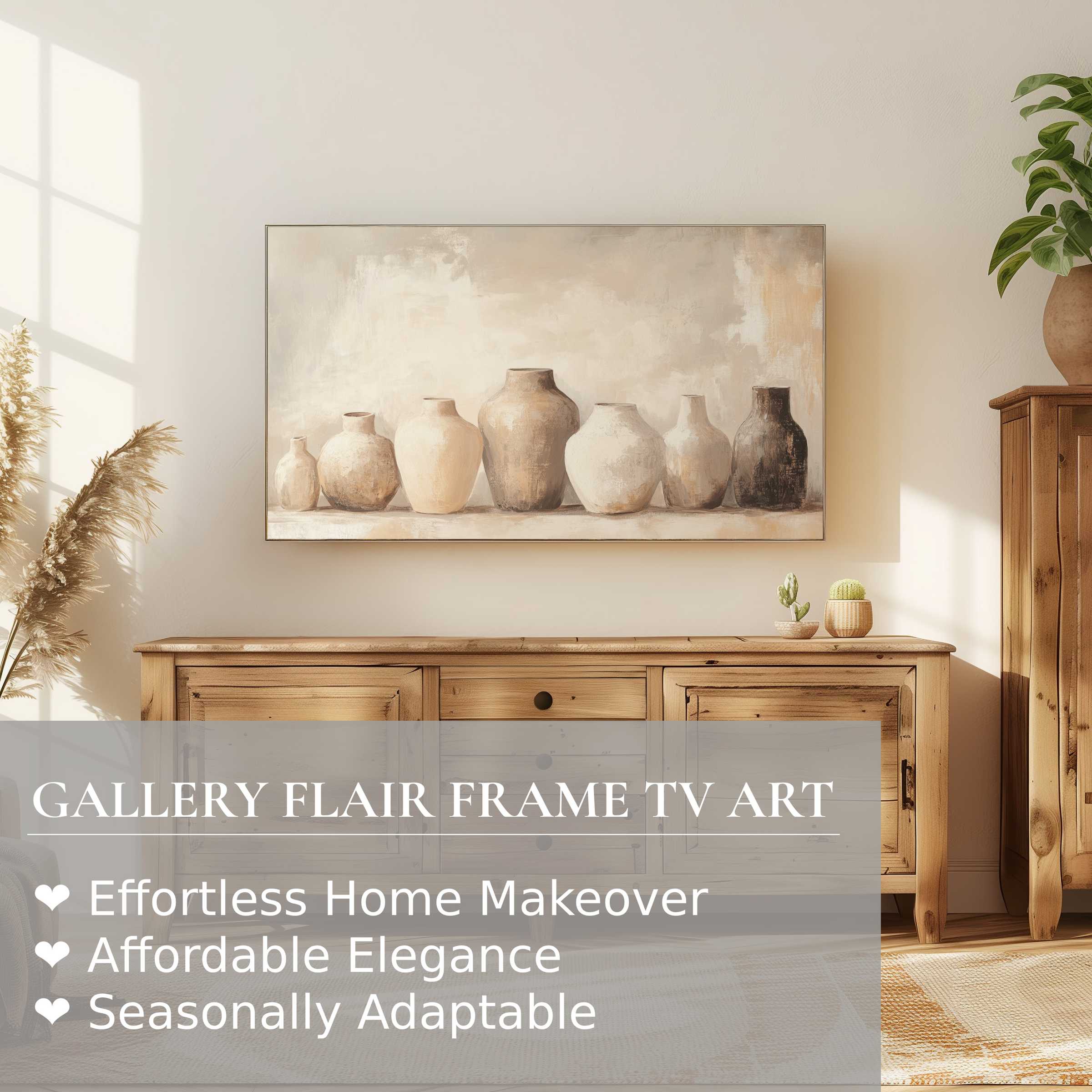 Samsung Frame TV displays serene boho digital artwork of neutral-toned vases in a modern, sunlit living space