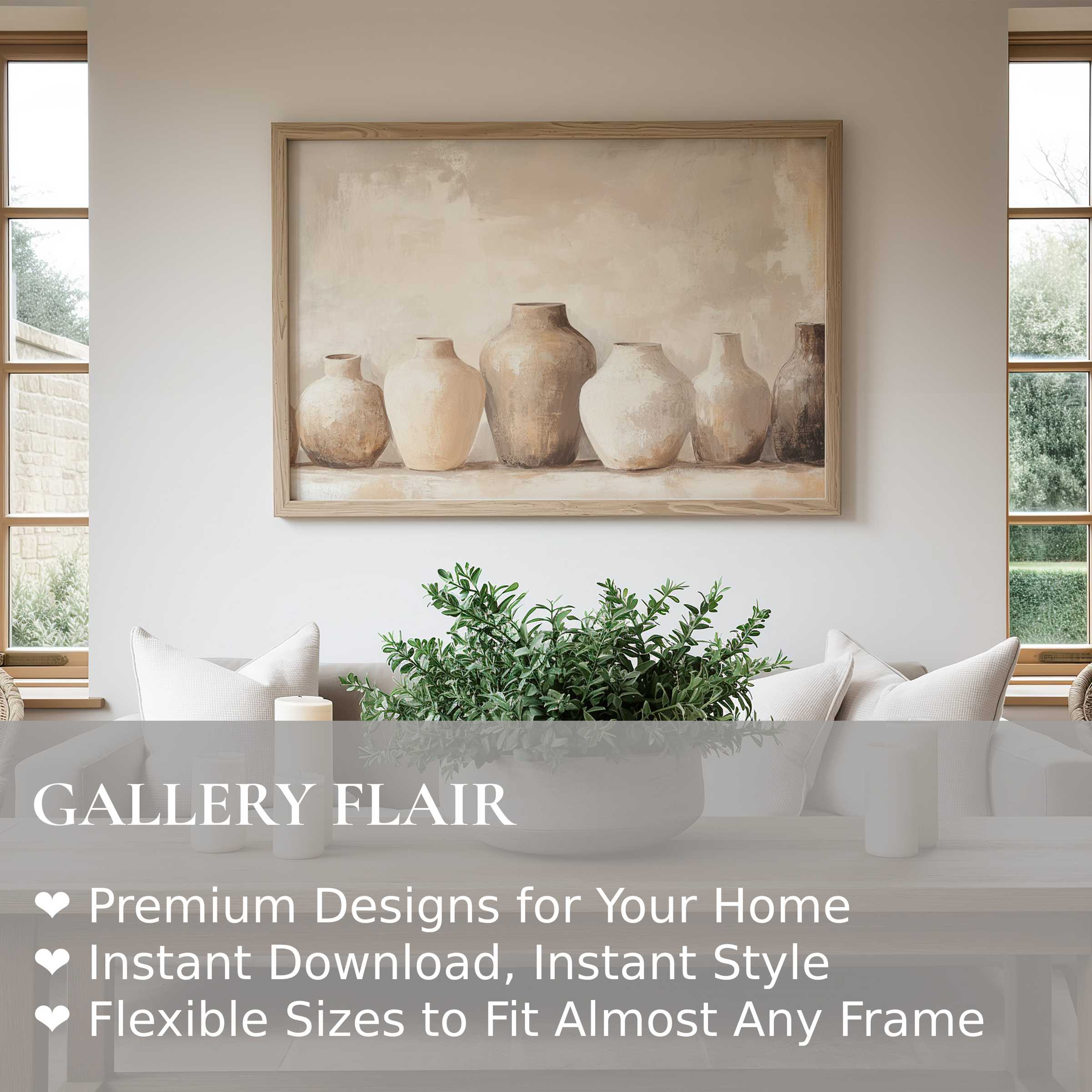 Boho wall art print featuring serene earthy-toned vases in a soft, modern rustic living space, enhancing calm and natural elegance