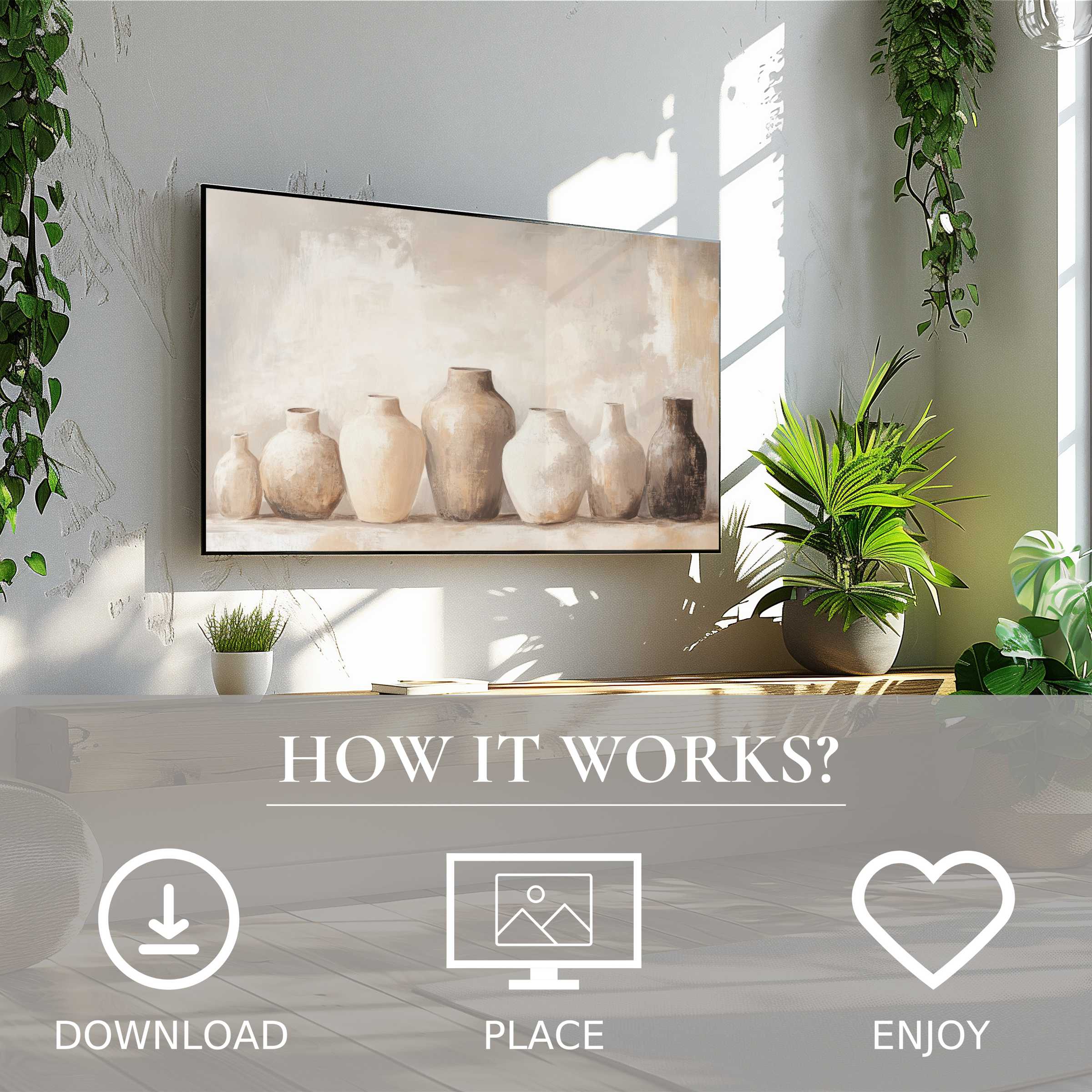 Boho art for Samsung TV shows soft earth tones of pottery shapes, easy digital download enriches modern green living spaces