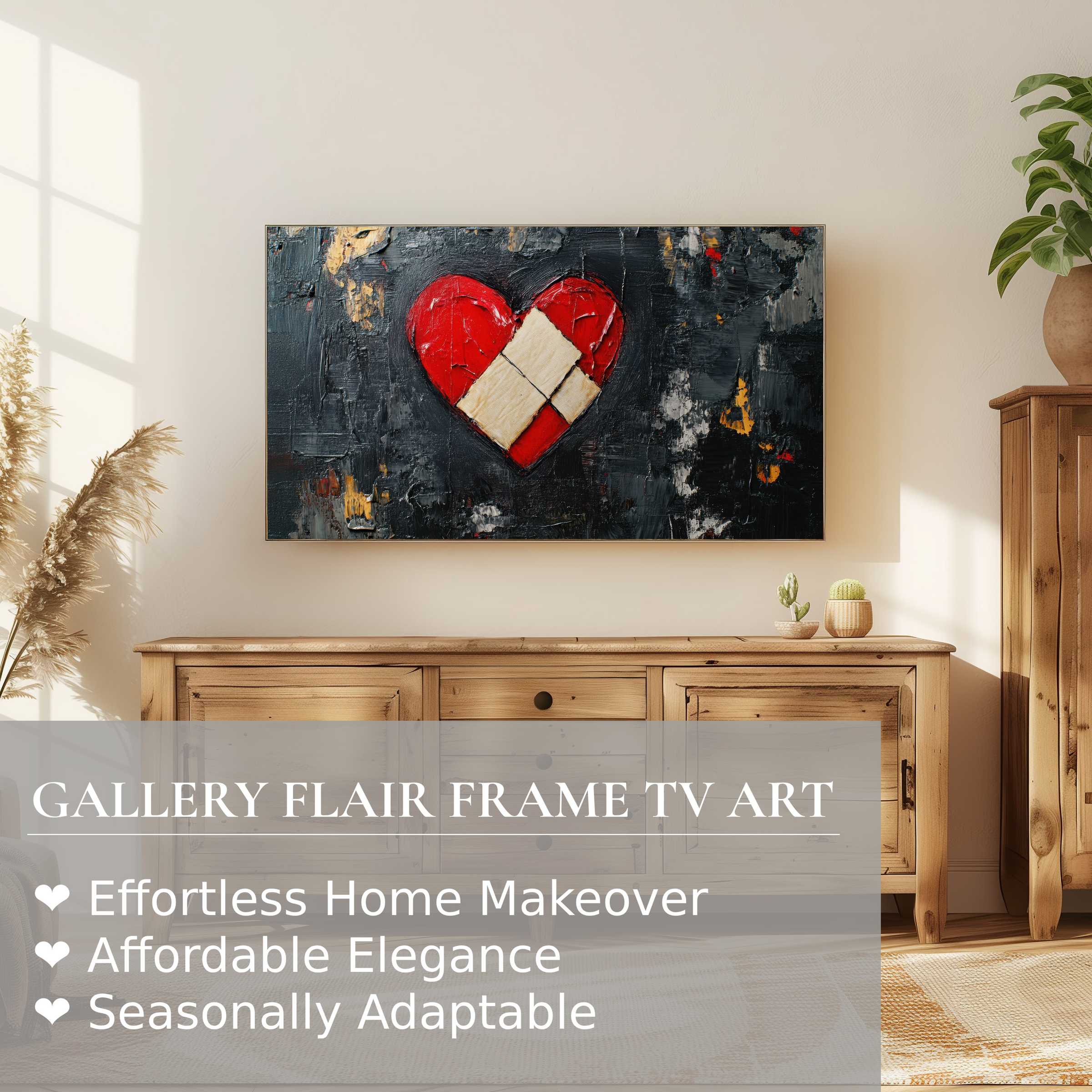 Modern living room with Samsung Frame TV showcasing bold street art digital artwork of textured heart on dark background
