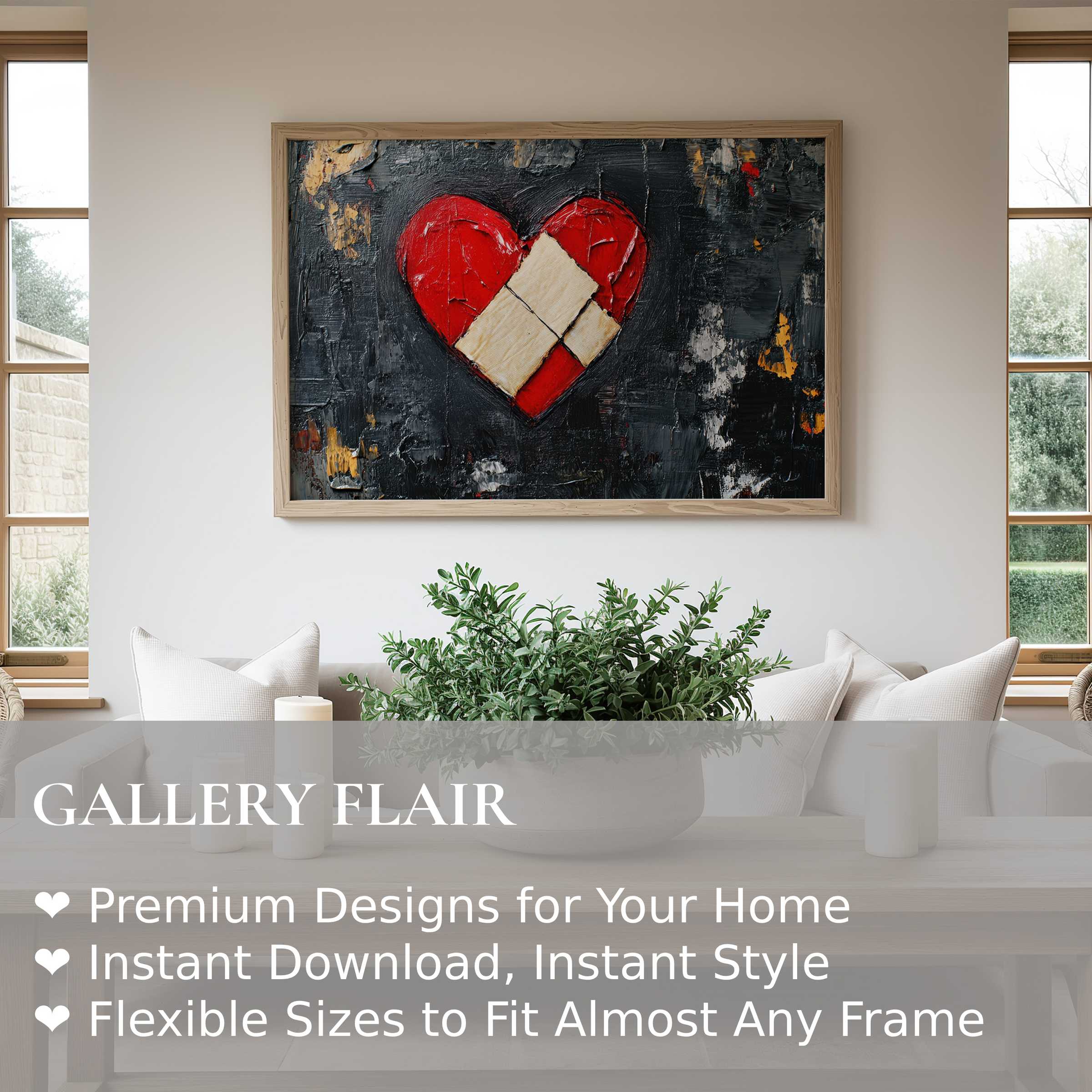 Bold street art wall art print featuring a textured red heart with plaster patch, enriching modern minimalist interiors with urban edge