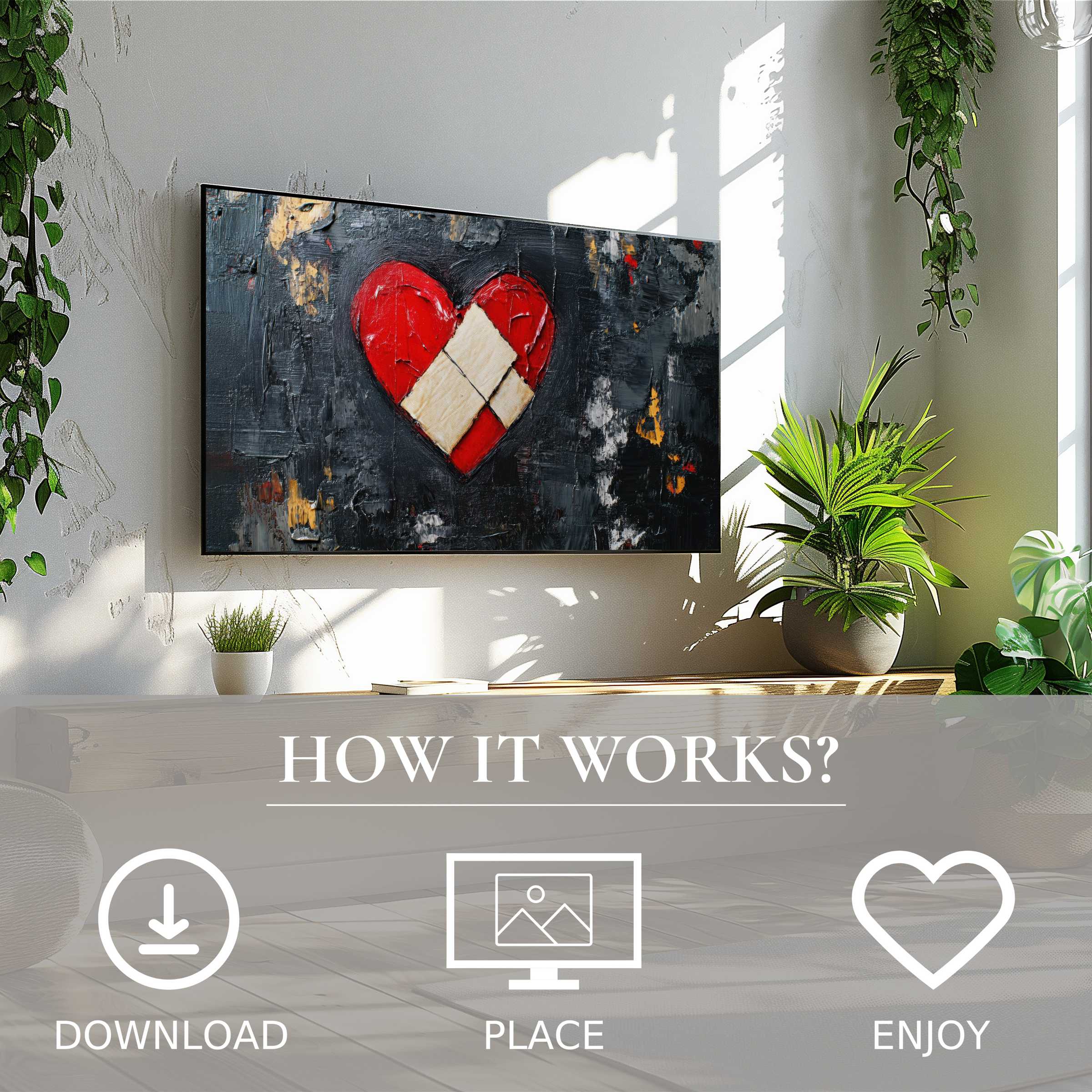 Modern living room with street art for Samsung TV showing a bold heart motif; easy digital download enriches space