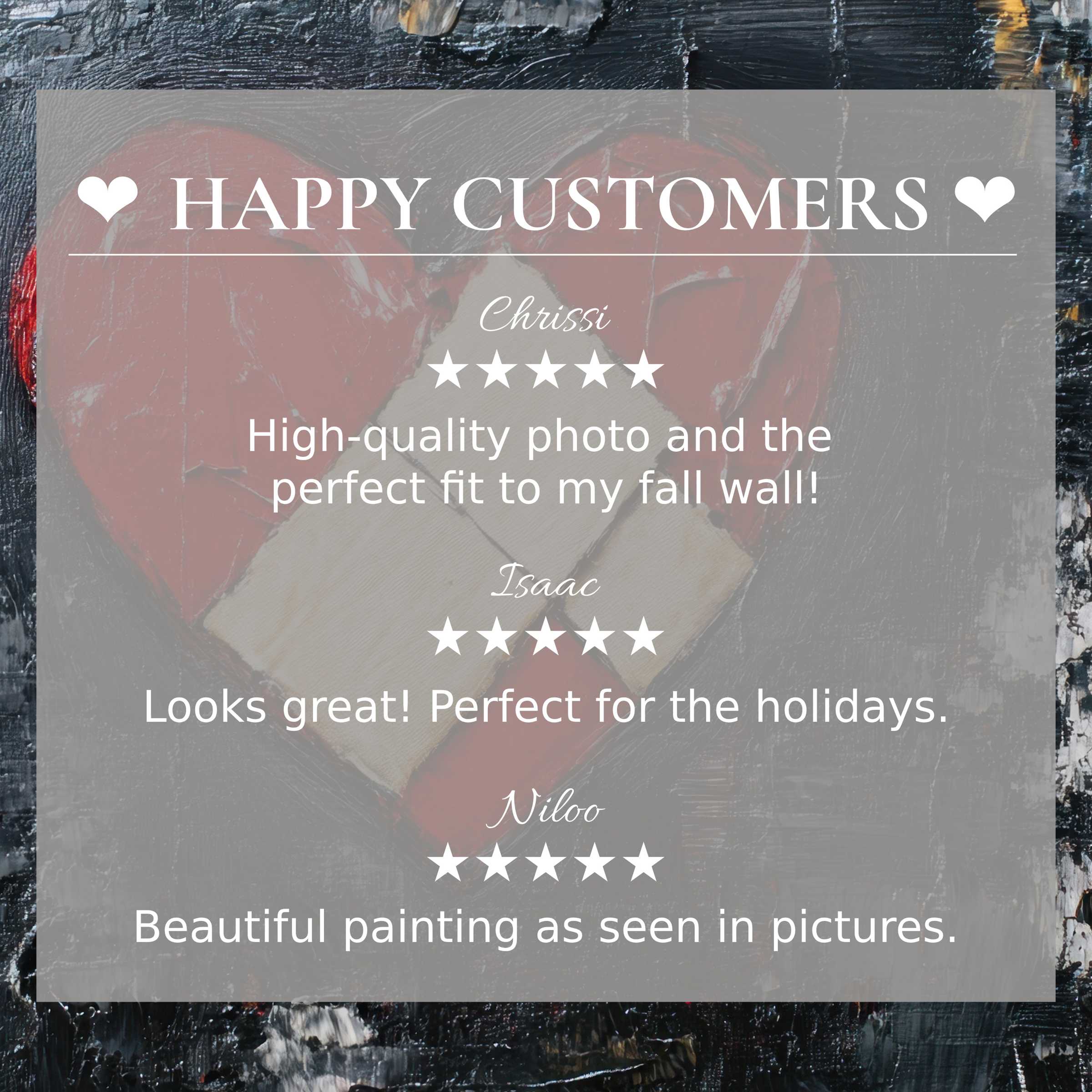Street art for Frame TV with abstract red heart background, showcasing elegant design and happy customer reviews