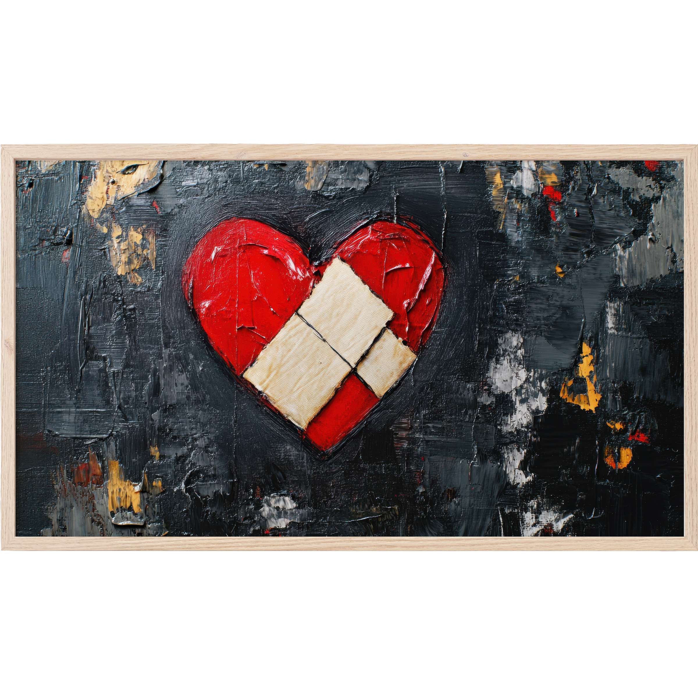 Street art Frame TV Art featuring a textured red heart with beige bandages on a dark, abstract background