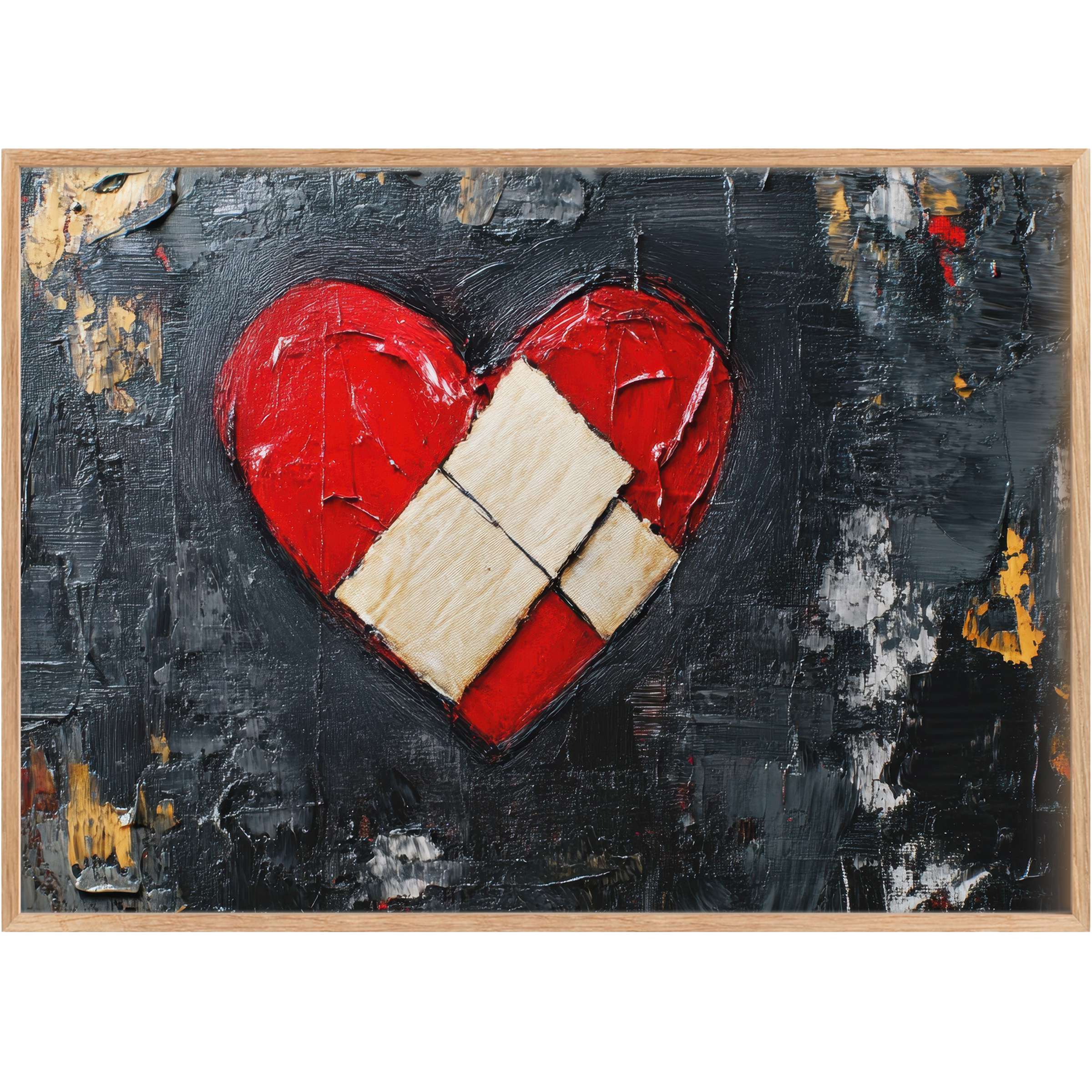 Bold street art printable wall art featuring a vivid red heart with textured beige patch, adding raw, passionate energy to chic interiors