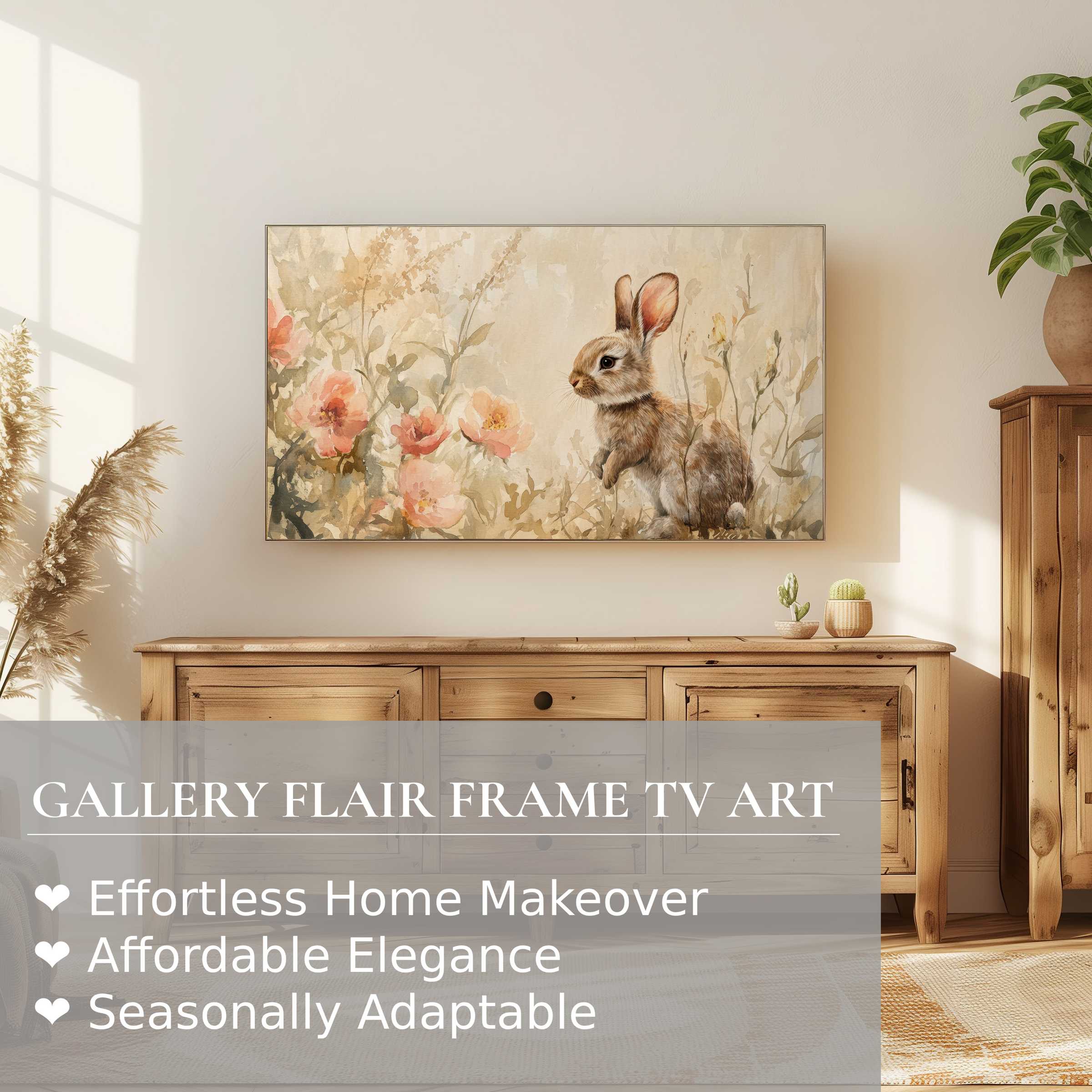 Samsung Frame TV displays elegant easter digital artwork with a delicate rabbit and soft floral tones in a modern setting