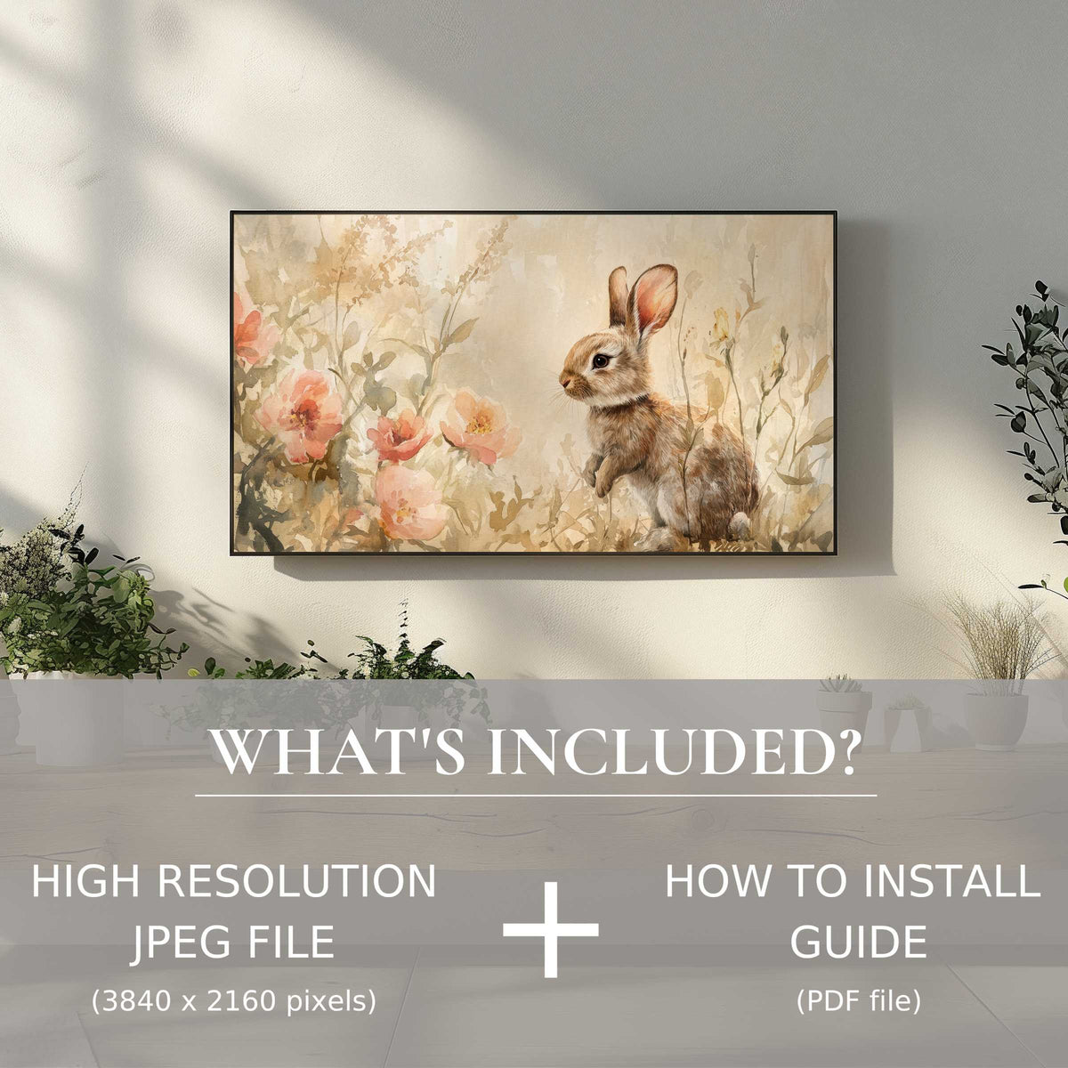 Elegant easter digital TV art download with soft rabbit design, enhancing living spaces via easy digital use