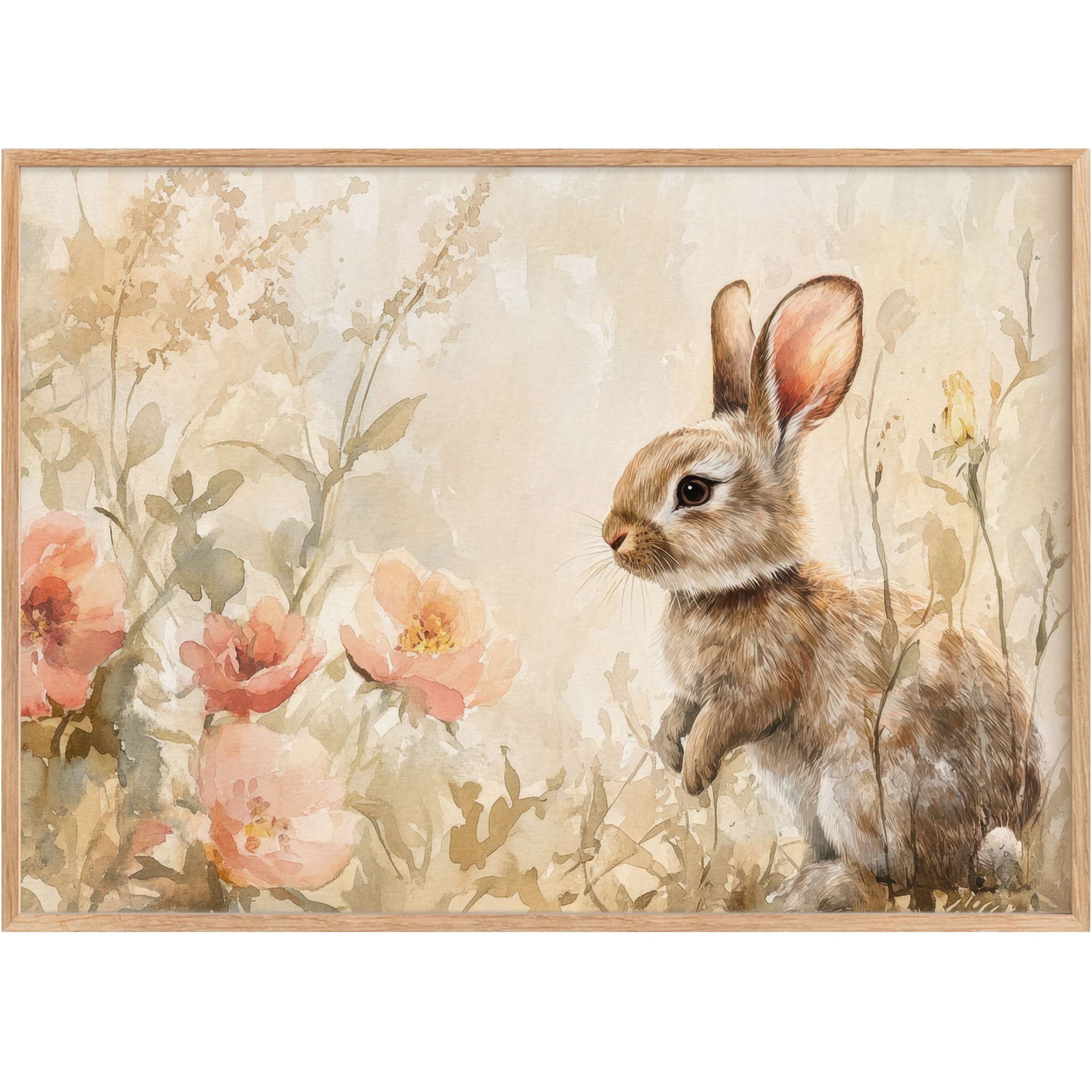 Easter printable wall art featuring a delicate bunny amidst soft peach blooms, evoking serene, warm spring elegance