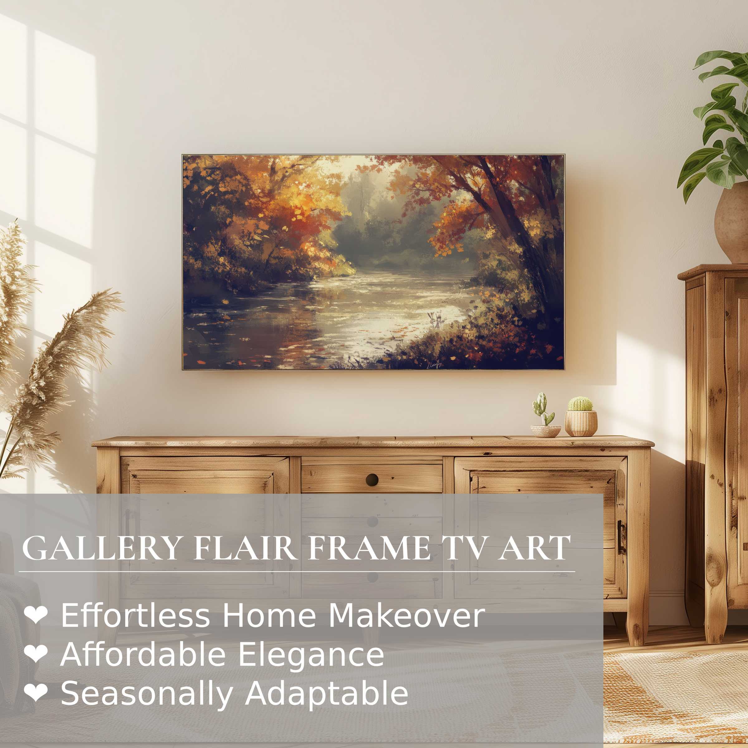 Samsung Frame TV displaying warm autumn landscape digital artwork, enhancing a modern, elegant living space