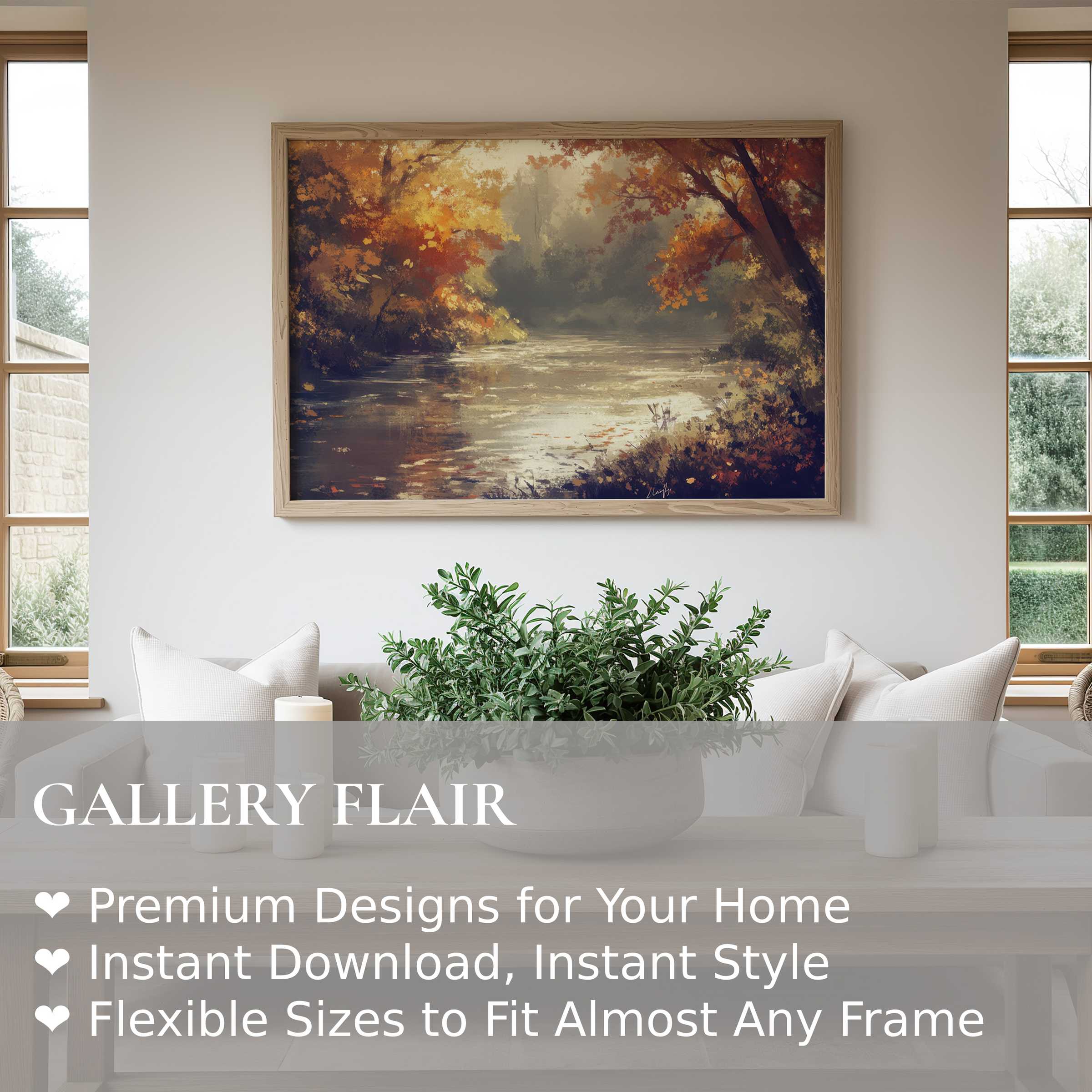 Landscape wall art print showcasing a radiant autumn river scene with warm tones, elevating serene, modern minimalist interiors