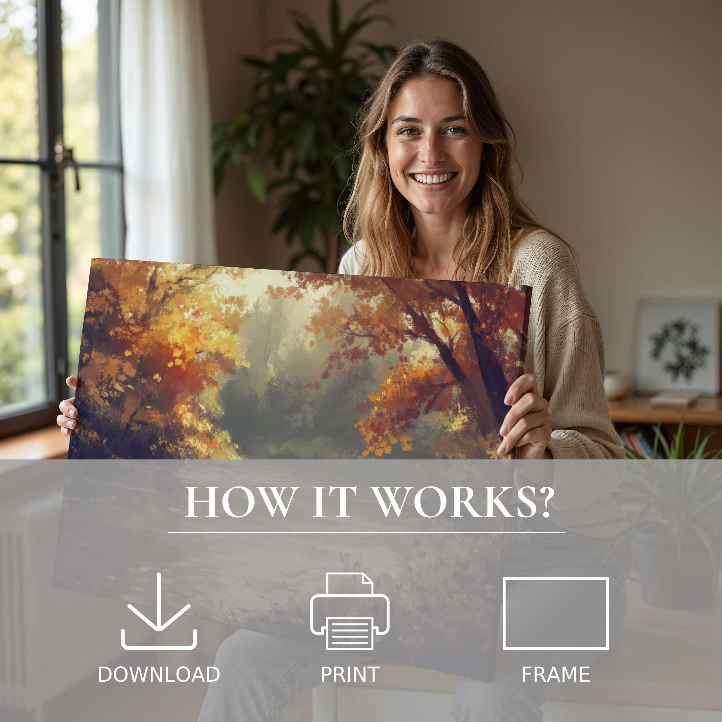 Woman in a sunlit modern home embraces a vibrant landscape digital art print, capturing warmth and joyful connection with nature