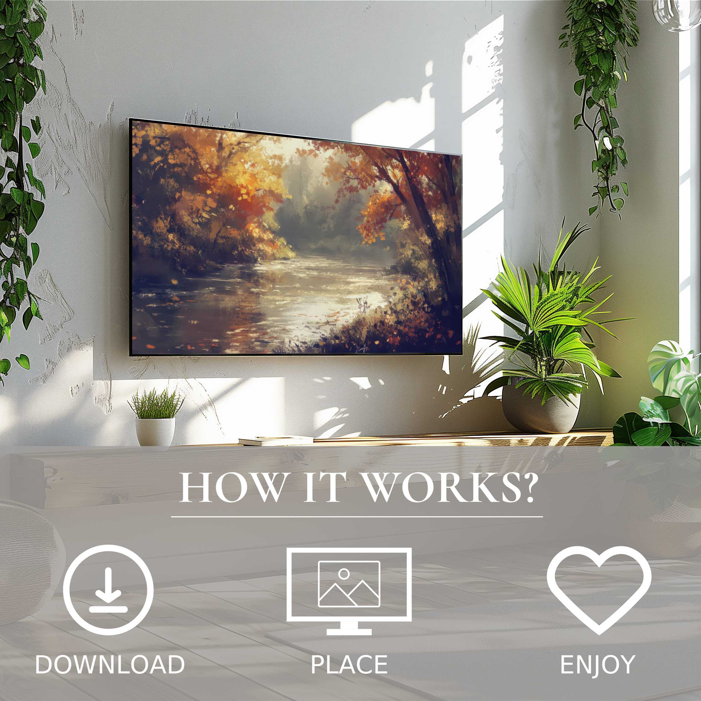 Landscape art for Samsung TV showcasing soft autumn color flow, easy digital download enriching sleek modern living spaces