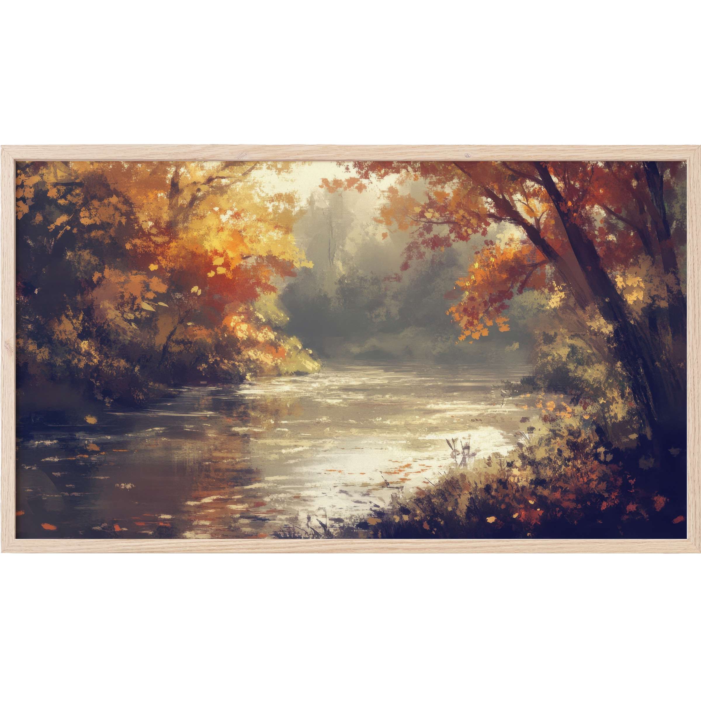 Soft autumn hues in a misty river scene with warm oranges and muted blues, a serene landscape Frame TV Art