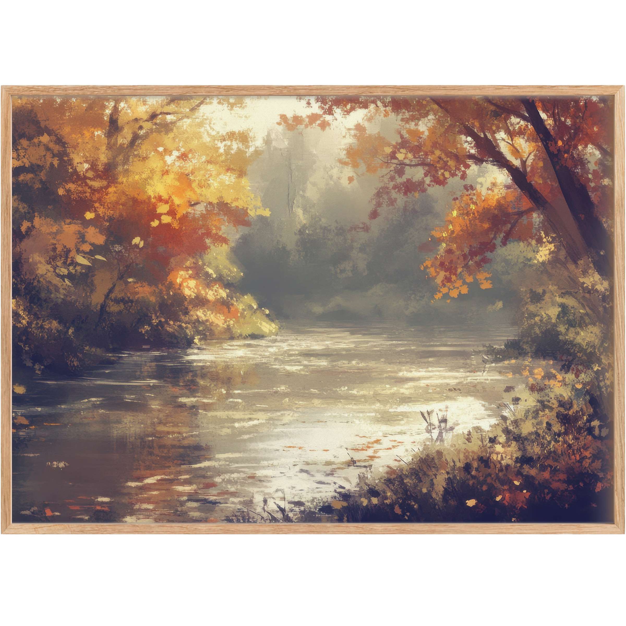 Autumnal landscape printable wall art with golden amber and deep plum hues, evoking a serene and cozy atmosphere