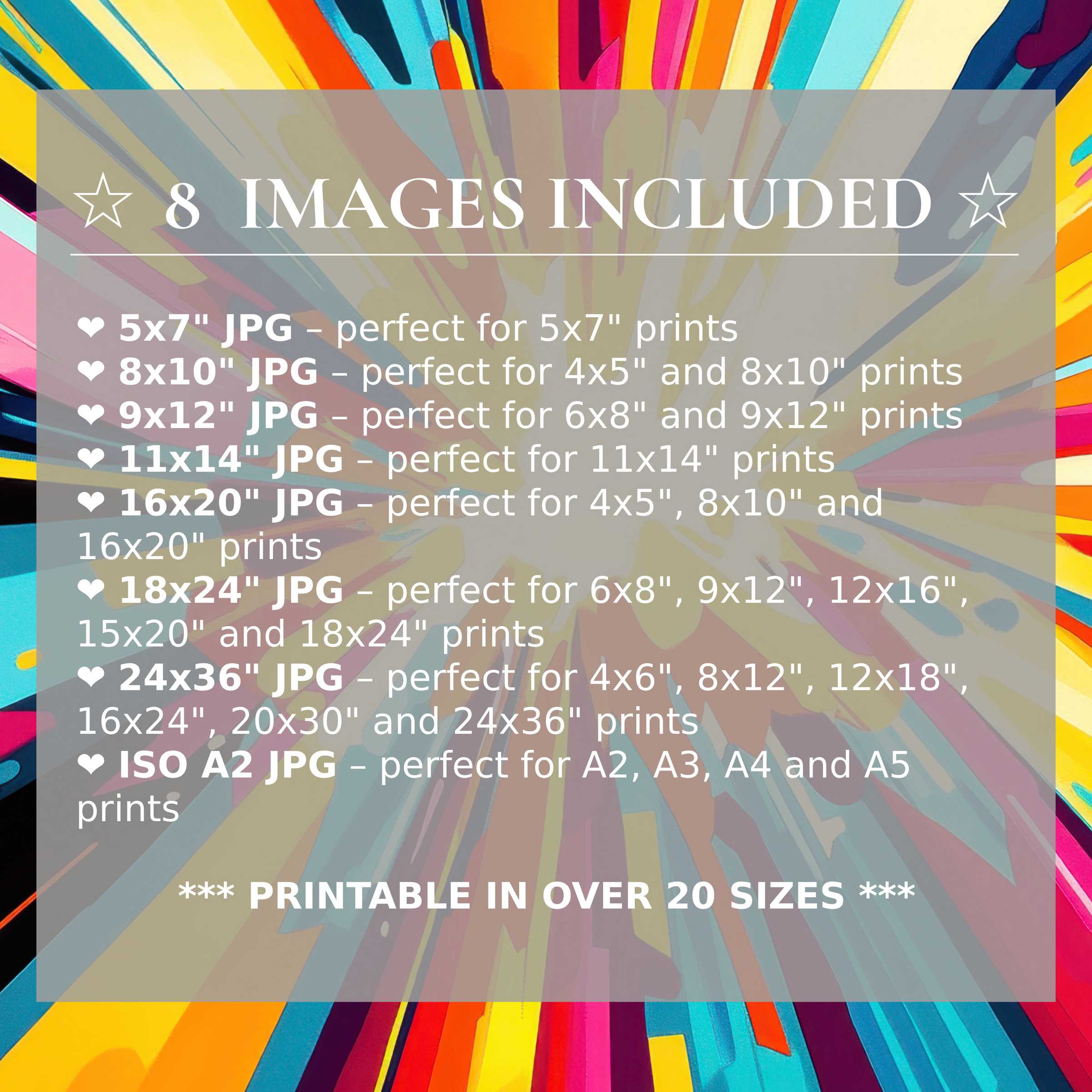 Pop art digital print radiates vibrant blues, pinks, yellows, and oranges, elevating modern interiors with bold style; 8 sizes included