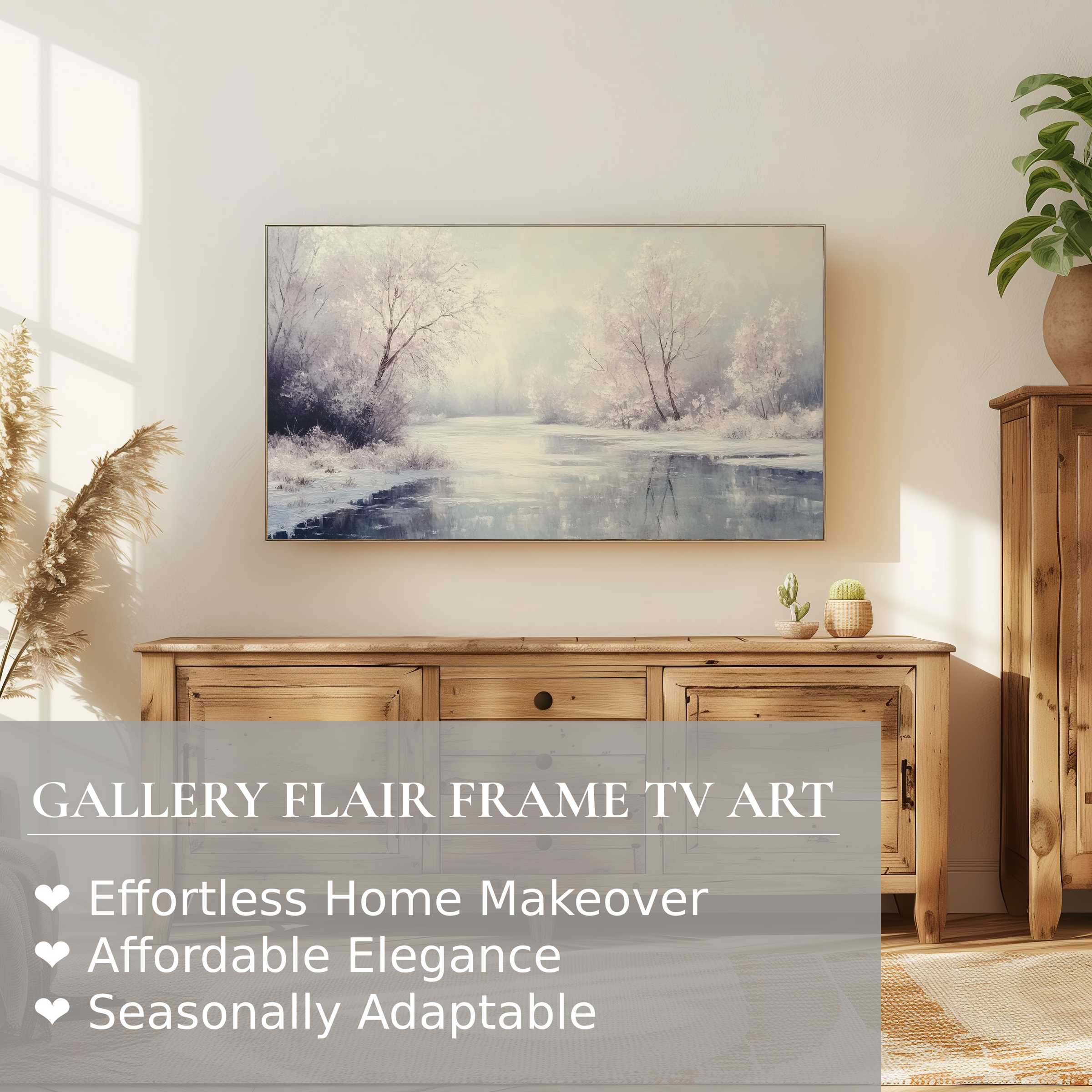 Samsung Frame TV displays serene winter digital artwork, enhancing modern, elegant home decor with soft, muted tones