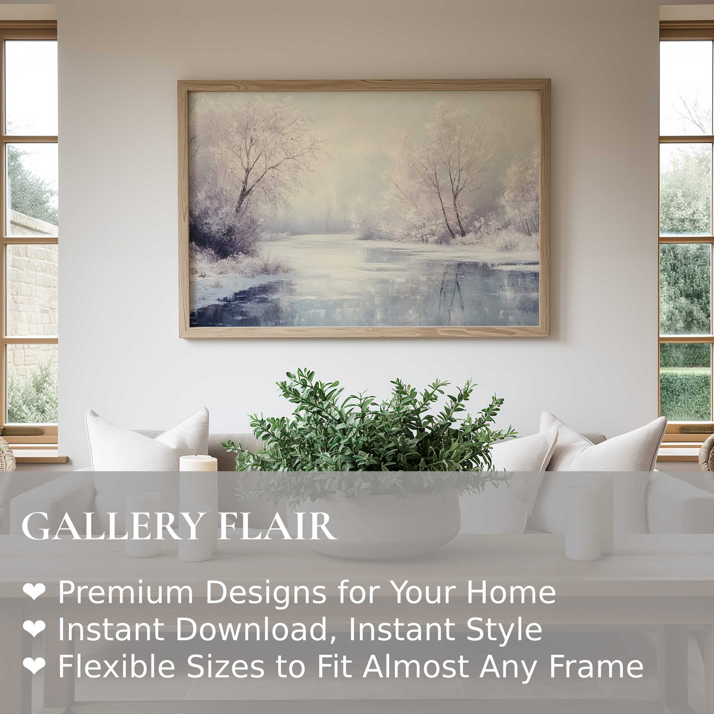 Winter wall art print capturing a serene snow-covered river scene, radiating calm in a minimalist, modern living room