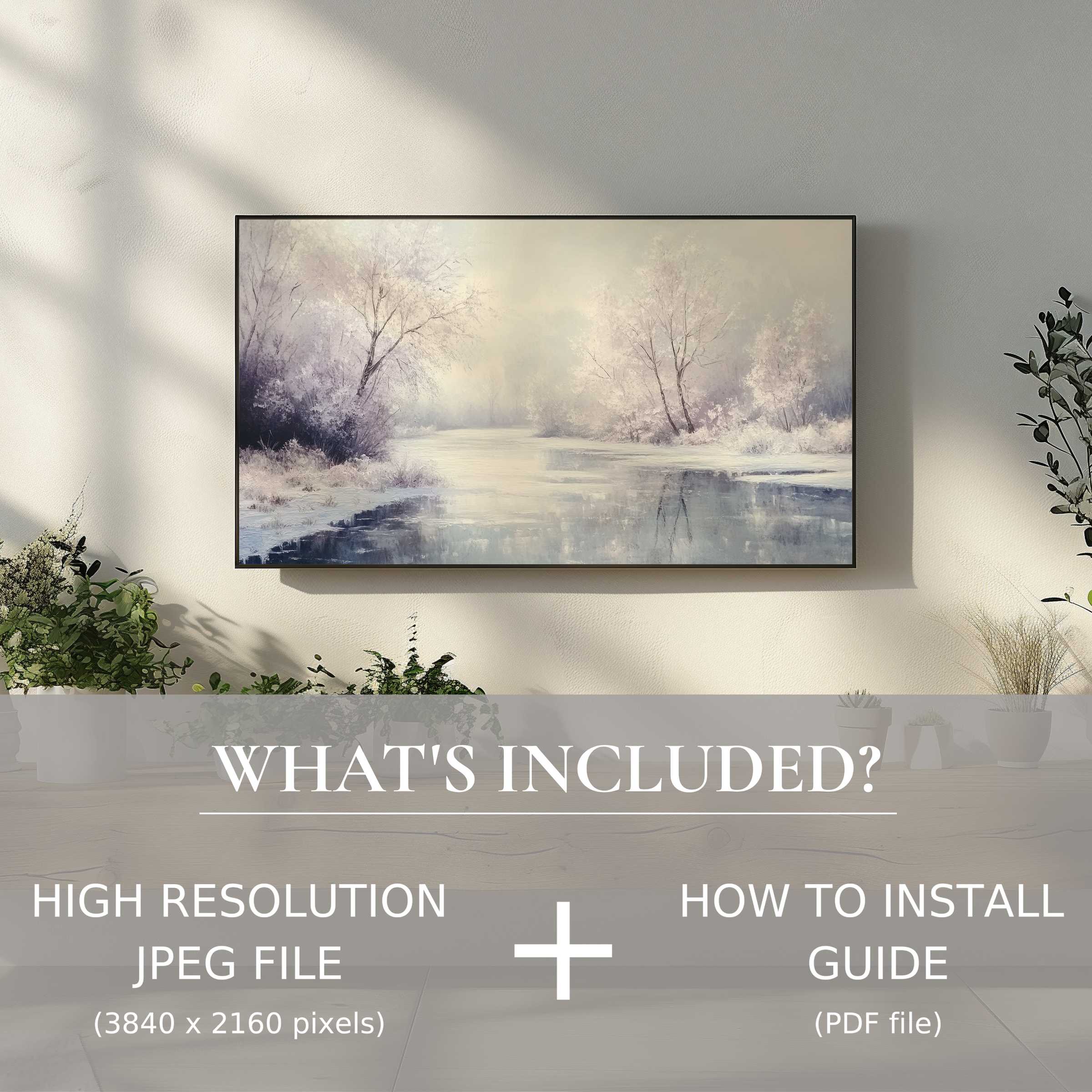 Elegant winter digital TV art download enhances serene living spaces with effortless, stylish digital use and installation guide