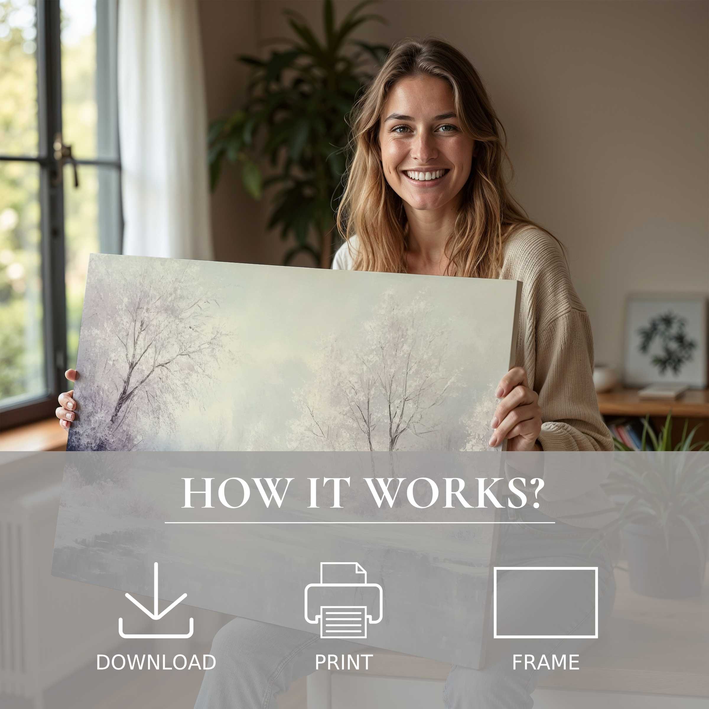 Joyful moment as a serene winter digital art print transforms a stylish modern home with effortless elegance and warmth