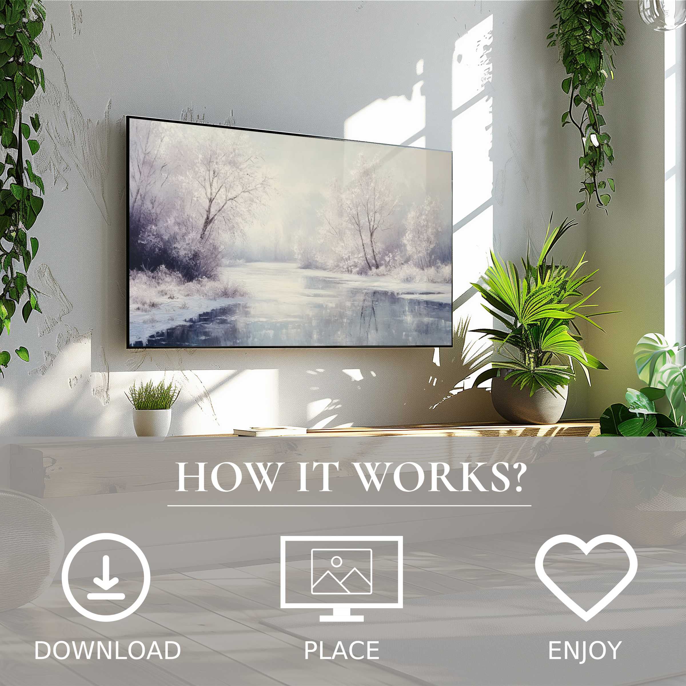 Winter art for Samsung TV showing soft snowy river tones, easy digital download enhances any modern living room space