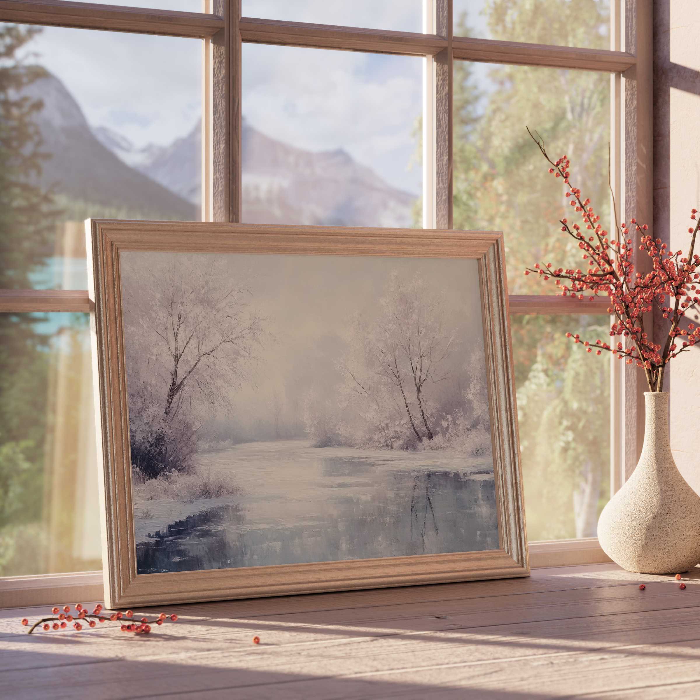 Winter downloadable art capturing serene frost-kissed trees by a still river, enhancing tranquil, curated luxury interiors