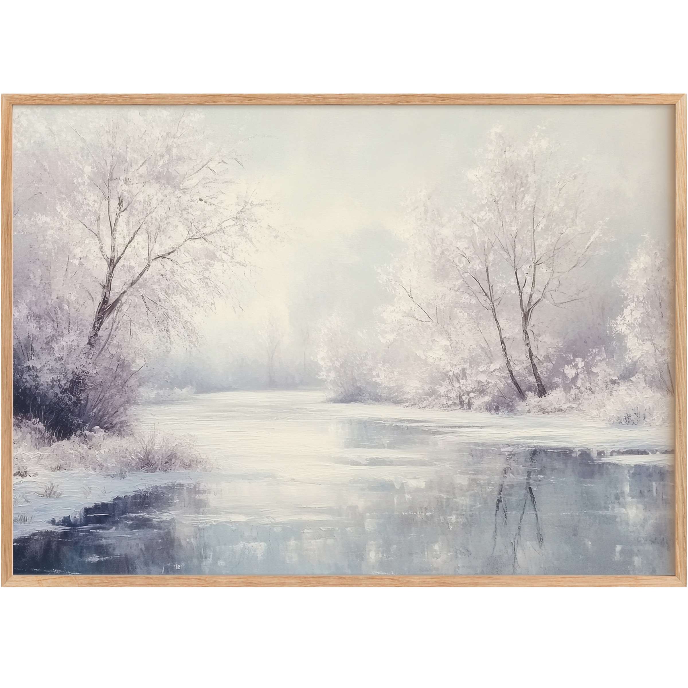Serene winter printable wall art capturing a tranquil snow-laden landscape with soft blues and muted lavenders, evoking calm elegance