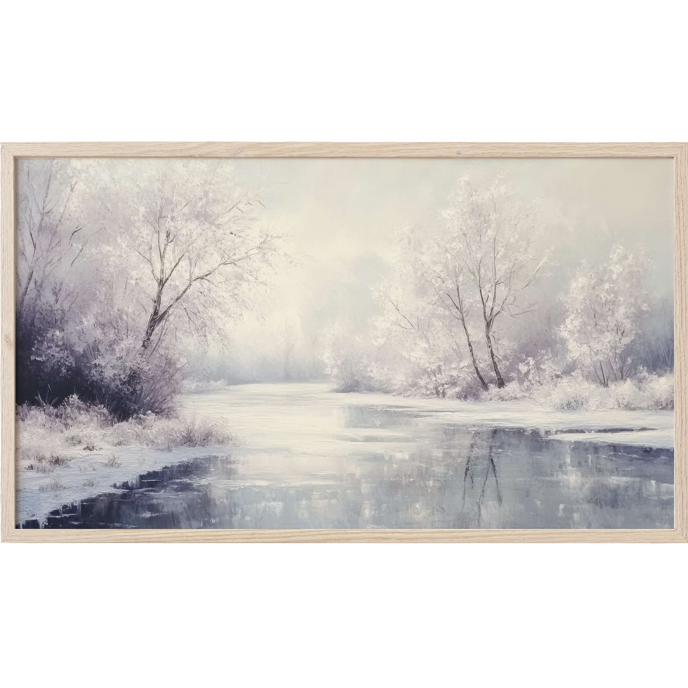 Serene winter landscape in soft grays and whites with misty trees and reflective water, perfect winter Frame TV Art