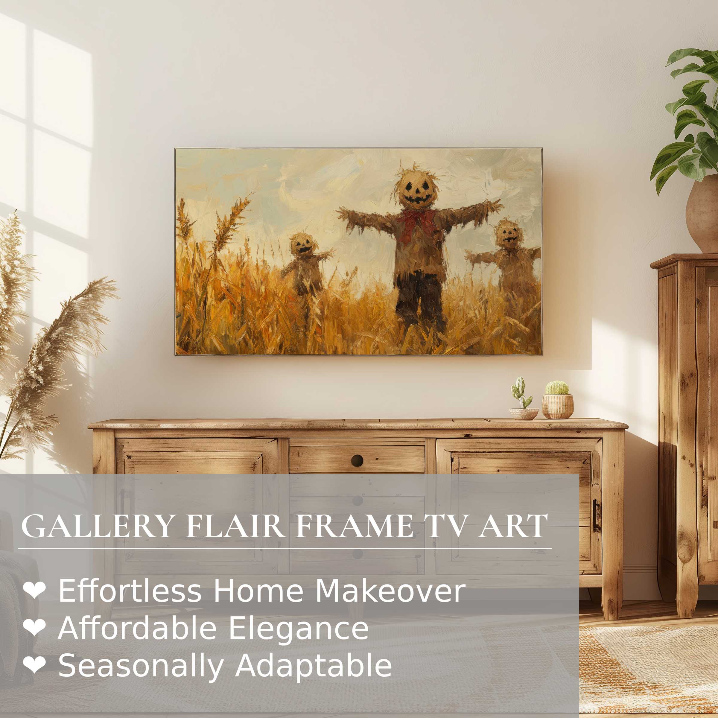 Samsung Frame TV showcases refined halloween digital artwork with warm tones in a modern, cozy living space