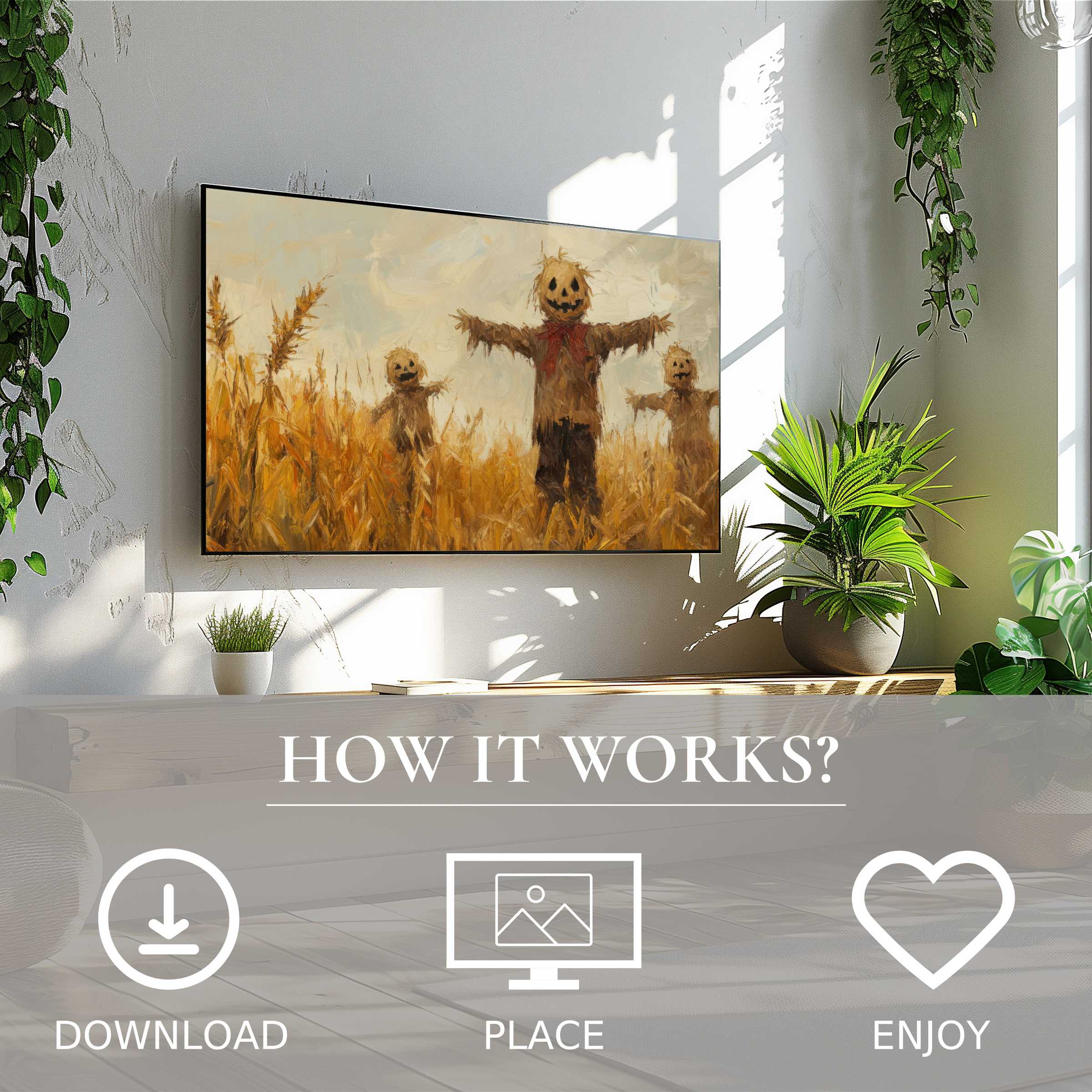 Halloween art for Samsung TV shows warm autumn hues and playful scarecrows, easy digital download enriches modern spaces