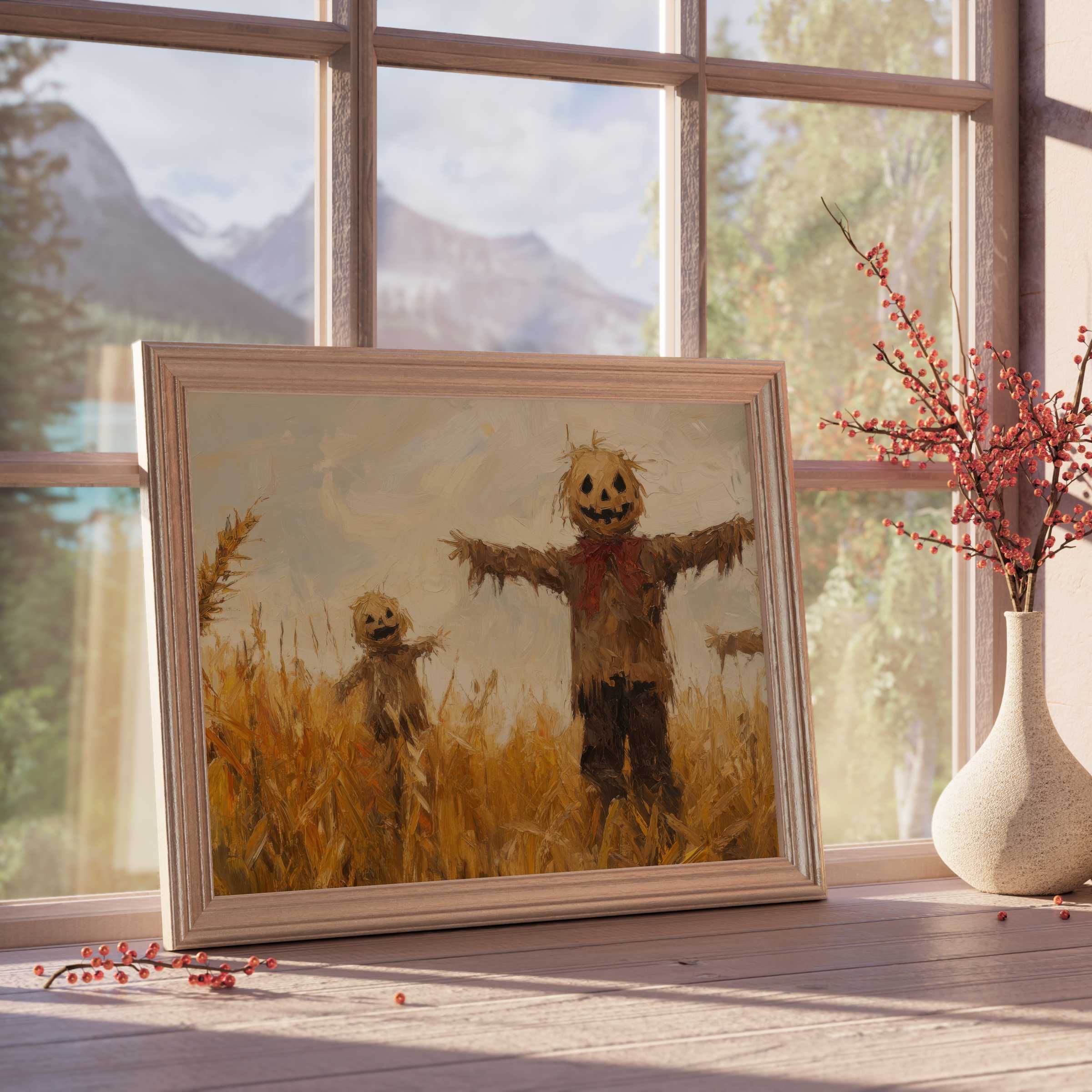 Halloween downloadable art featuring charming pumpkin-headed scarecrows in golden fields, radiating warm, rustic autumnal elegance for curated, serene interiors