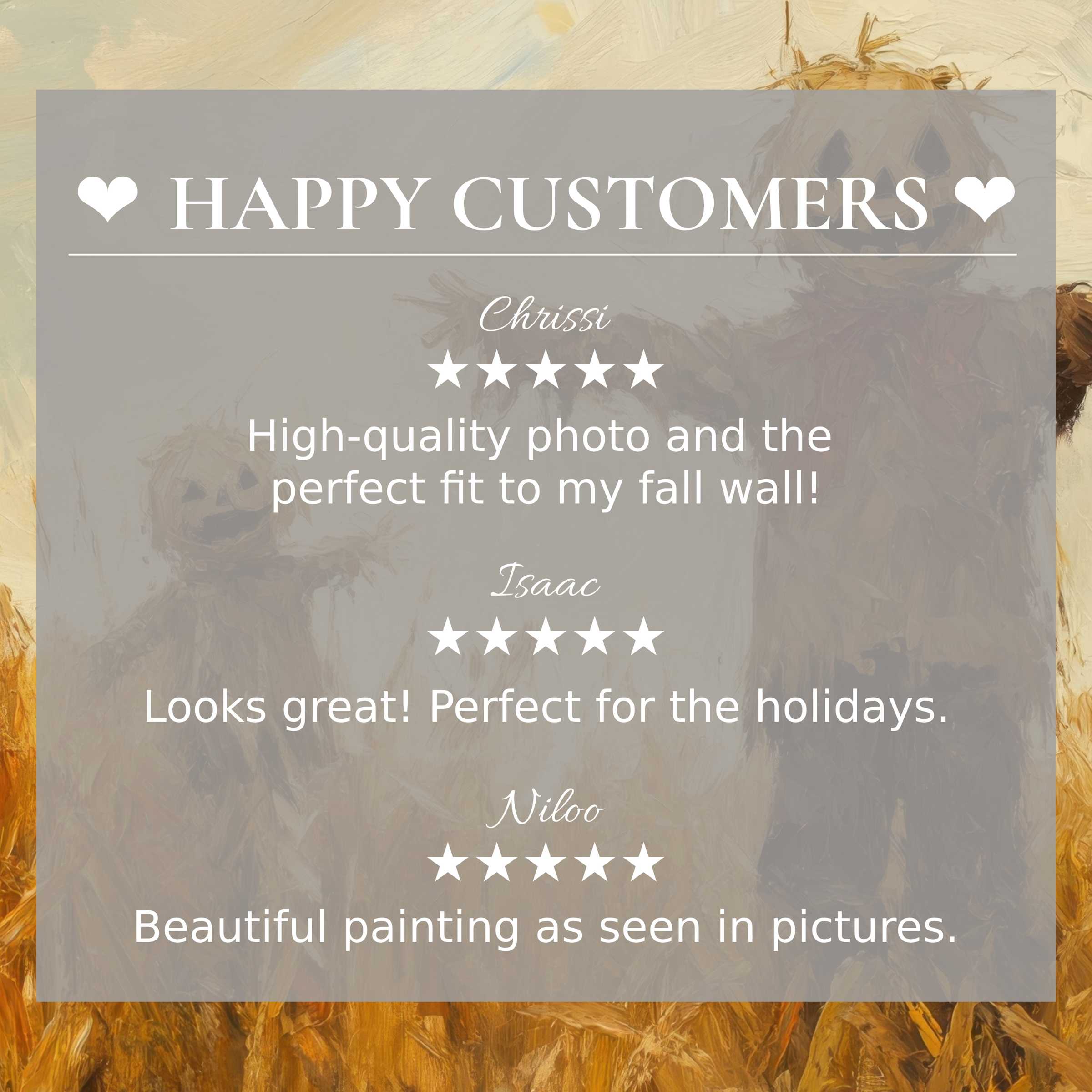 Happy customer reviews highlight trust and elegance in halloween art for Frame TV with muted scarecrow painting background
