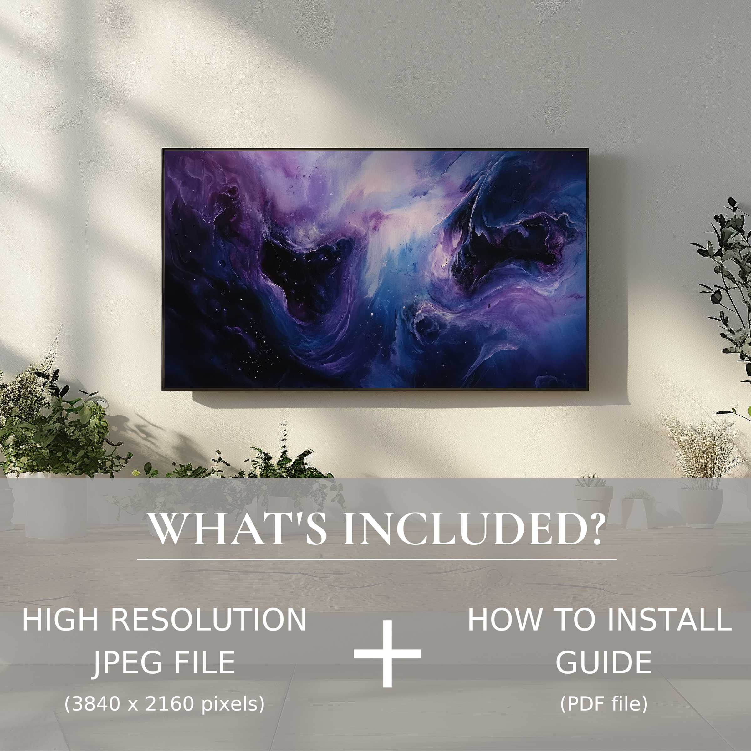 Elegant living space featuring a modern digital TV art download, enhancing decor with easy digital use and vivid colors