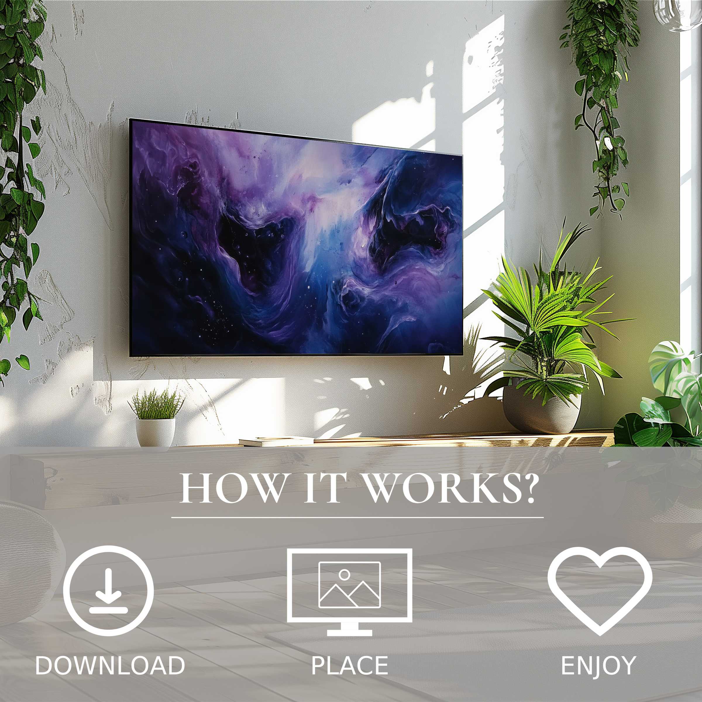 Modern art for Samsung TV displaying deep purple and blue color flow, easy digital download enriching living space