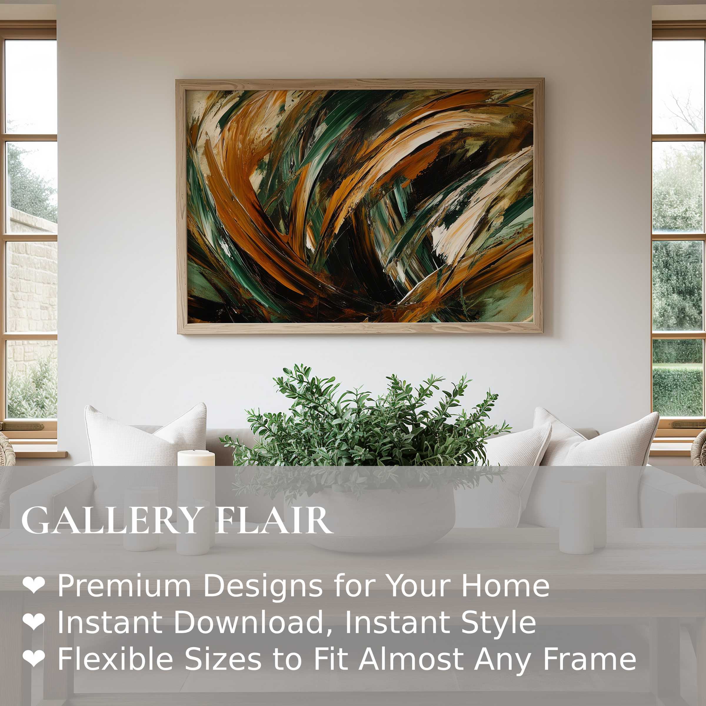 Abstract wall art print with bold, sweeping strokes in rich earth tones, enhancing modern minimalist interiors with dynamic, natural elegance