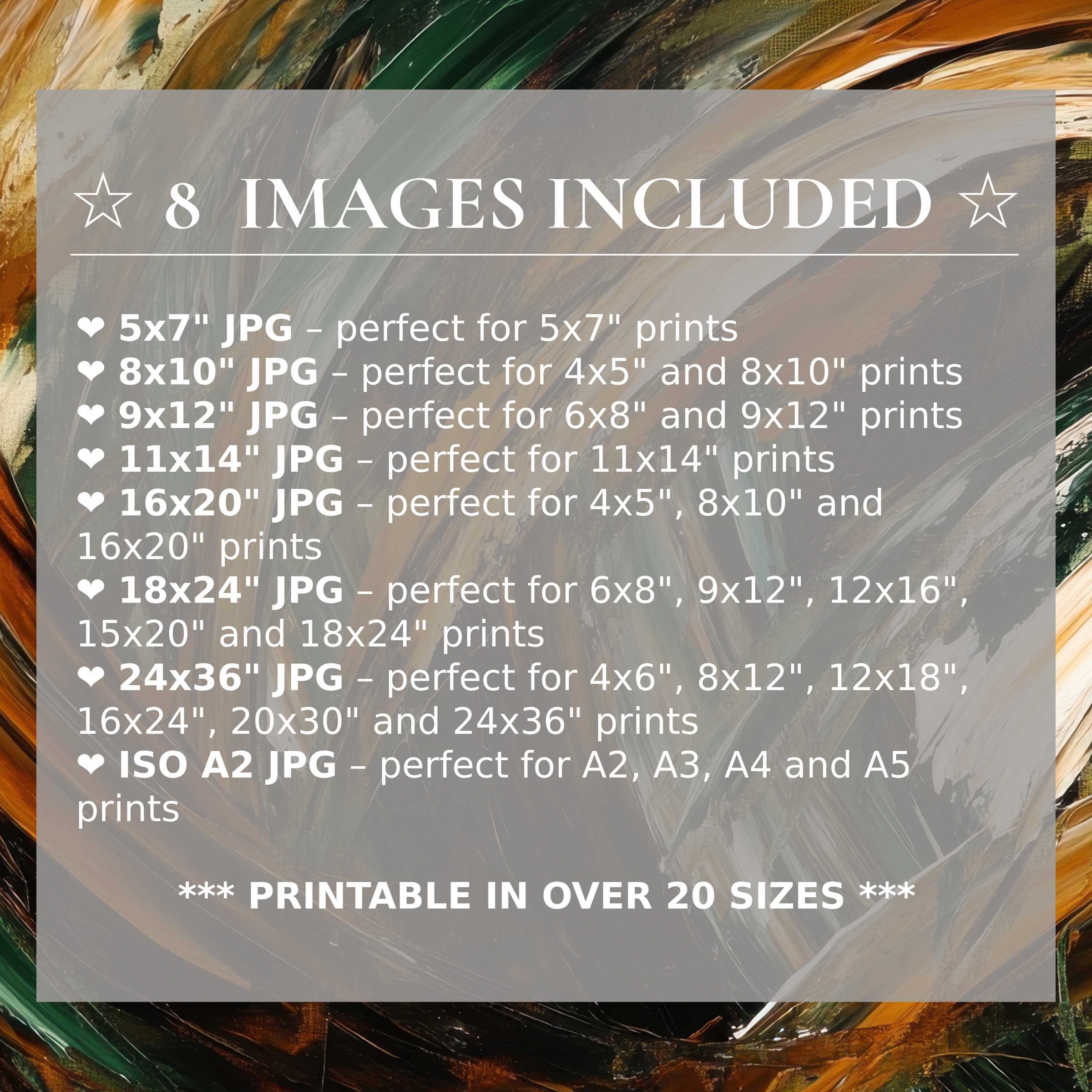 Luxurious abstract digital print with radiant greens and warm earth tones, offered in 8 high-quality sizes for versatile modern interiors