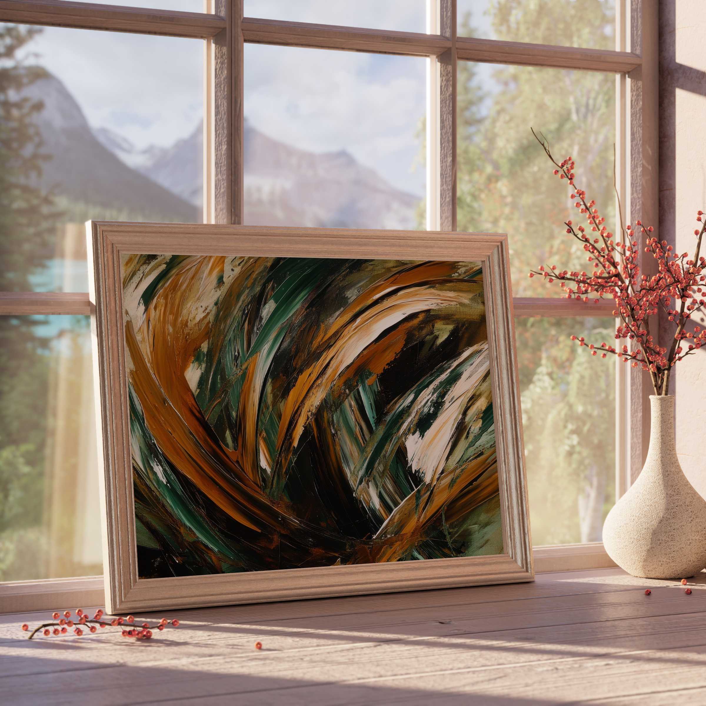 Elegant abstract downloadable art in warm earthy tones, enriching curated interiors with vibrant depth and tranquil sophistication