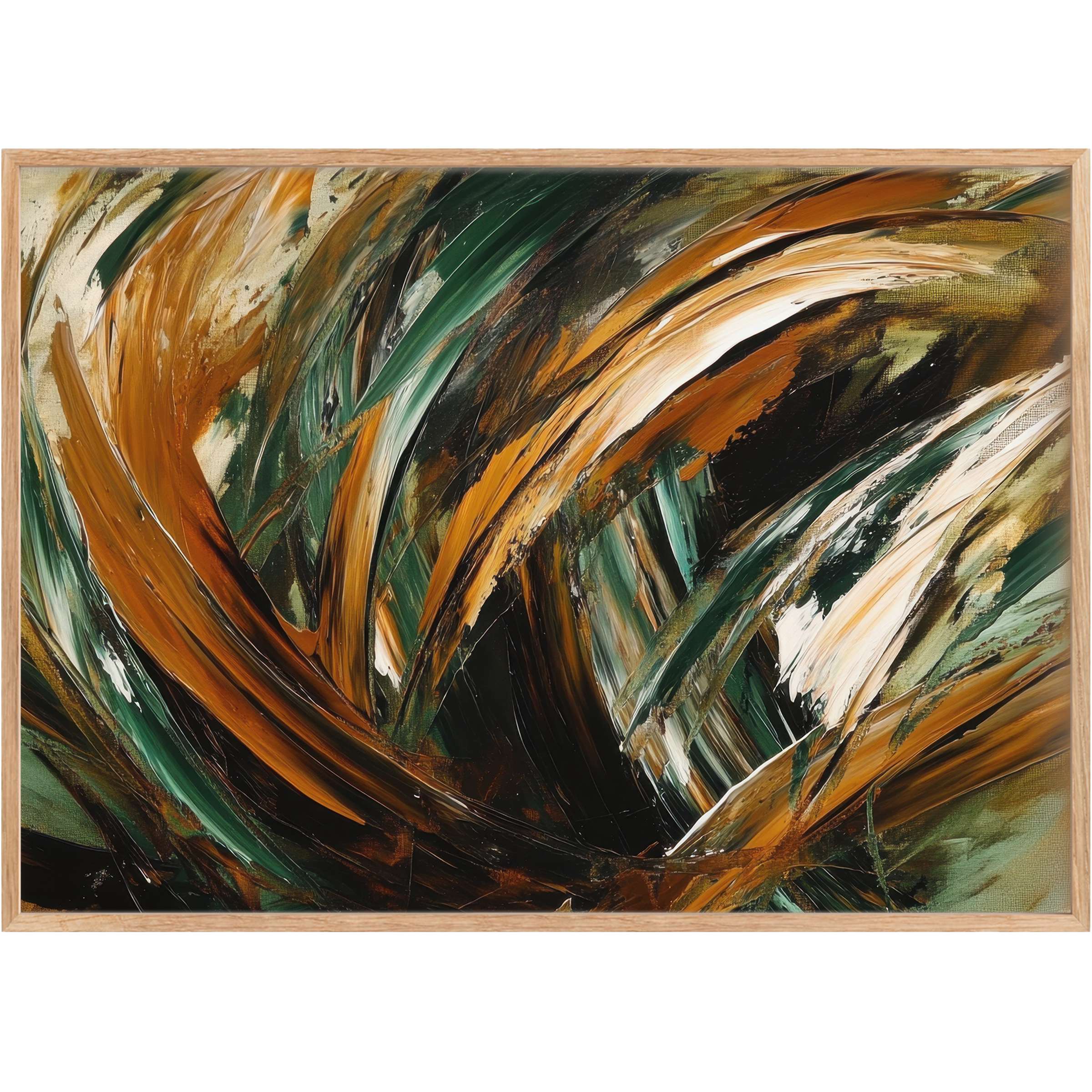 Abstract printable wall art in deep emerald and burnt sienna swirls, evoking a bold, dynamic energy that transforms modern interiors