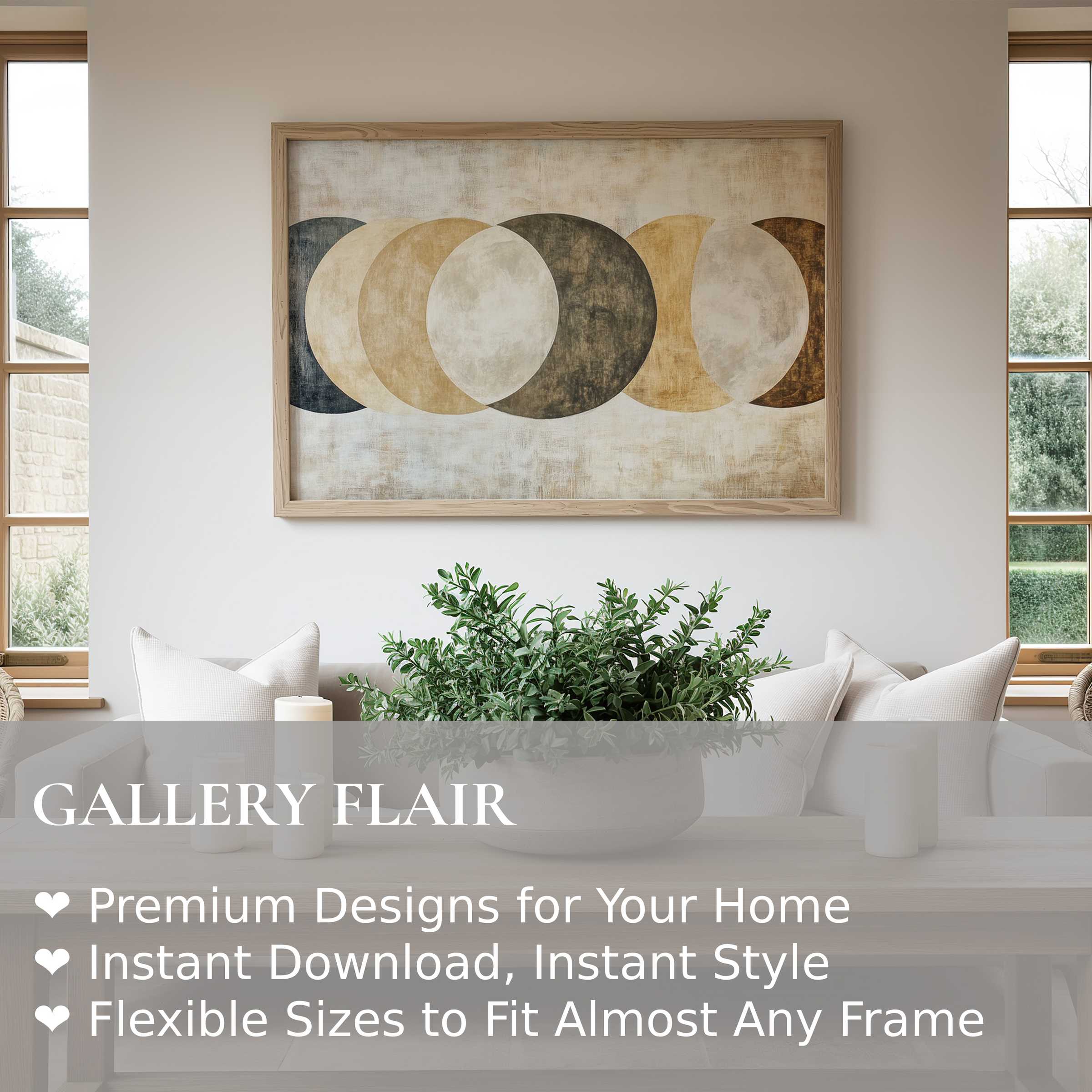 Neutral wall art print featuring overlapping moon phases in soft earth tones, radiating calm and balance Enhances minimalist, modern living spaces with subtle texture and organic warmth Perfect for refined home decor and soothing gallery-style interiors
