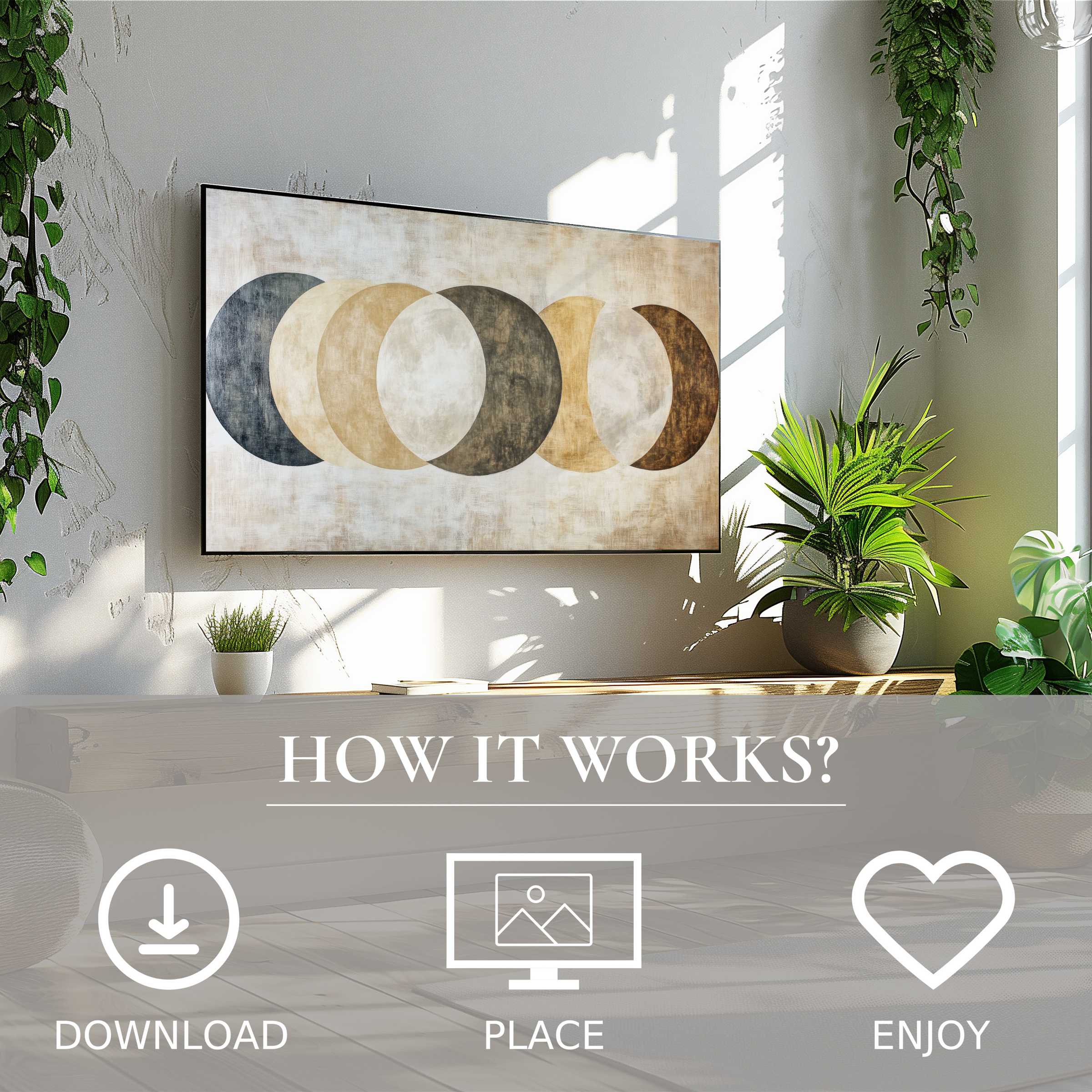Neutral art for Samsung TV shows muted moon phases motif; easy digital download enriches modern living spaces