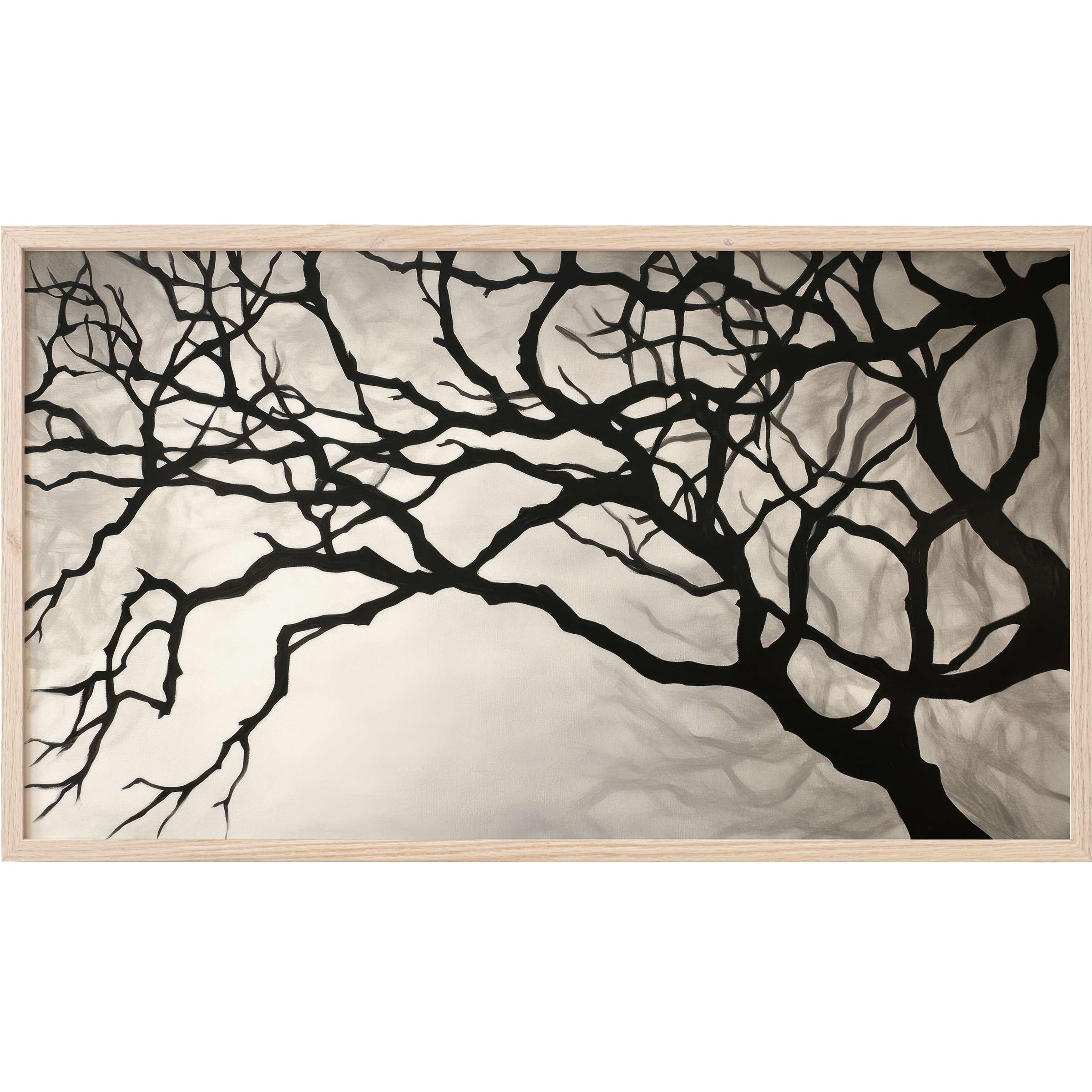 Elegant black and white Frame TV Art depicting intricate tree branches in soft grayscale, perfect for modern décor