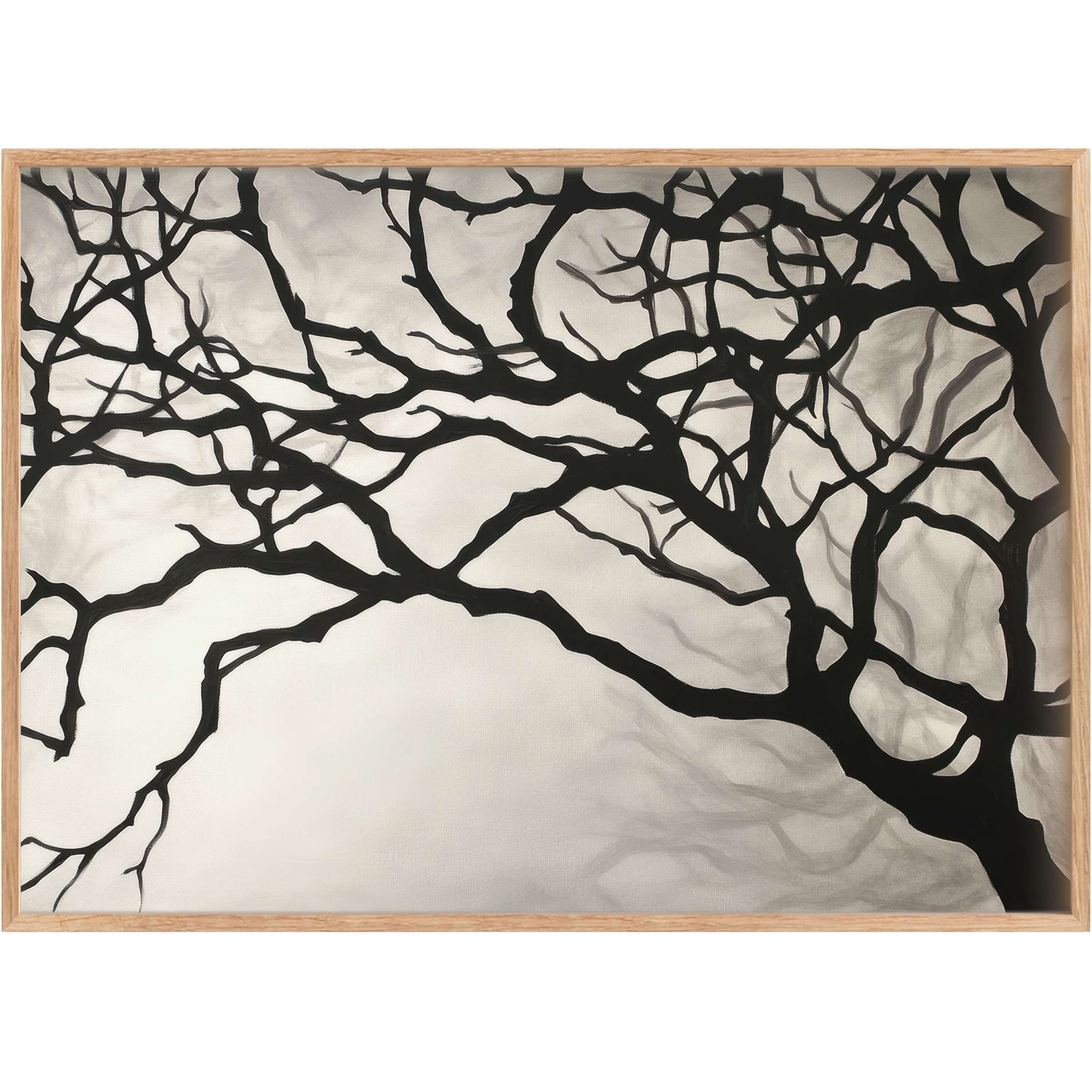 Elegant black and white printable wall art featuring intricate tree branches, evoking a serene, contemplative mood