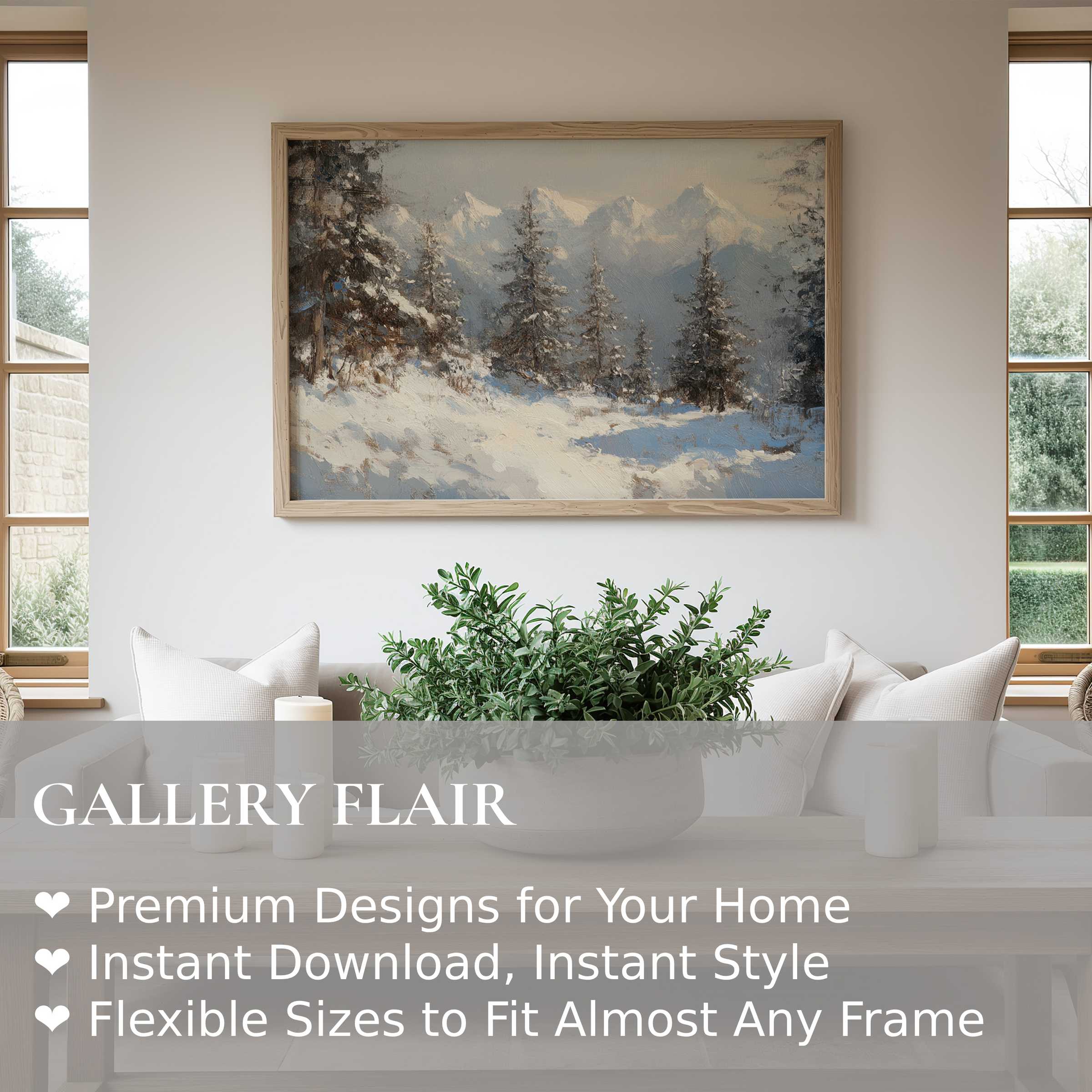 Serene tree wall art print featuring snow-kissed evergreens and distant mountains, enriching modern minimalist interiors with tranquil charm