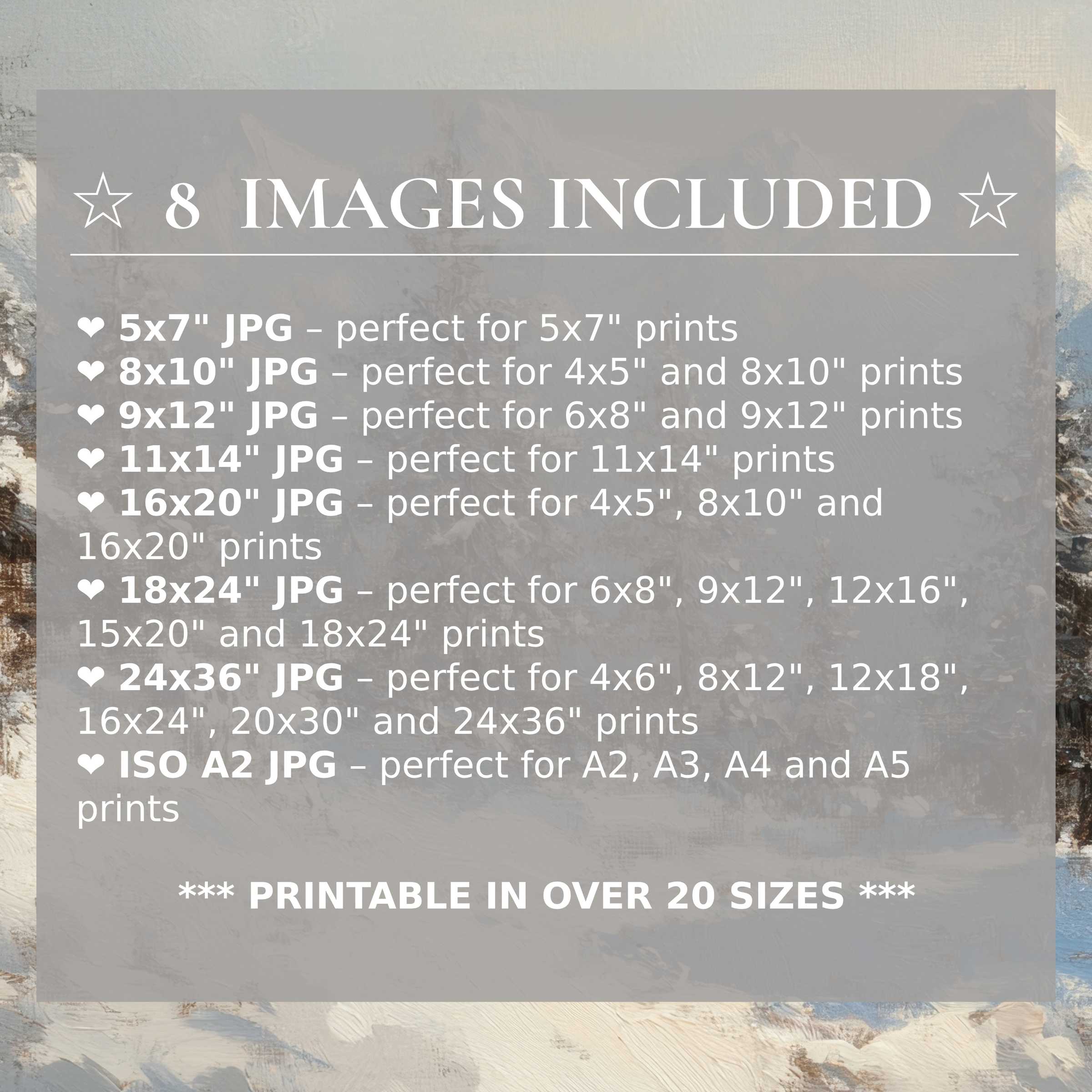 Print size guide showing 8 included JPG formats for versatile wall art printing – perfect for framing in popular sizes from 5x7 to 24x36 and A2