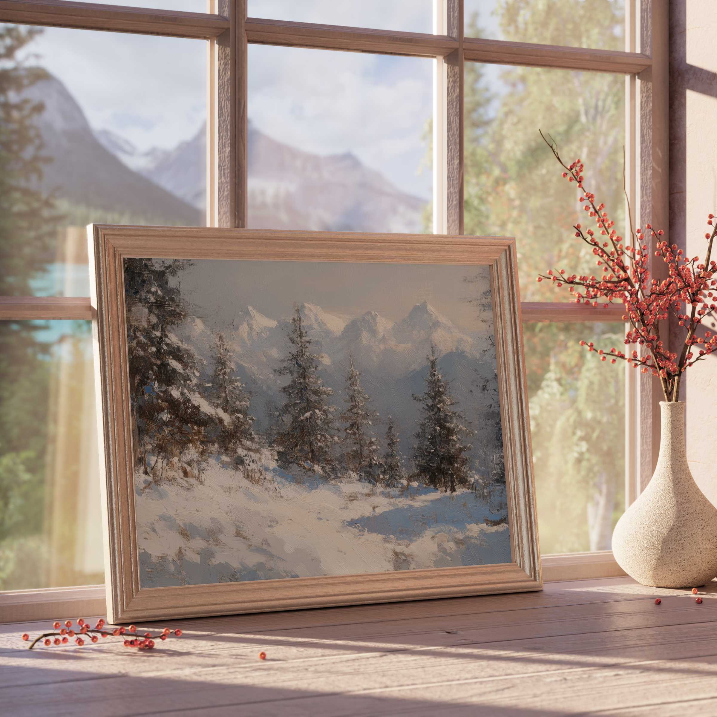 Elegant tree downloadable art capturing serene snowy pines and majestic mountains, elevating curated, tranquil interiors with nature’s calm