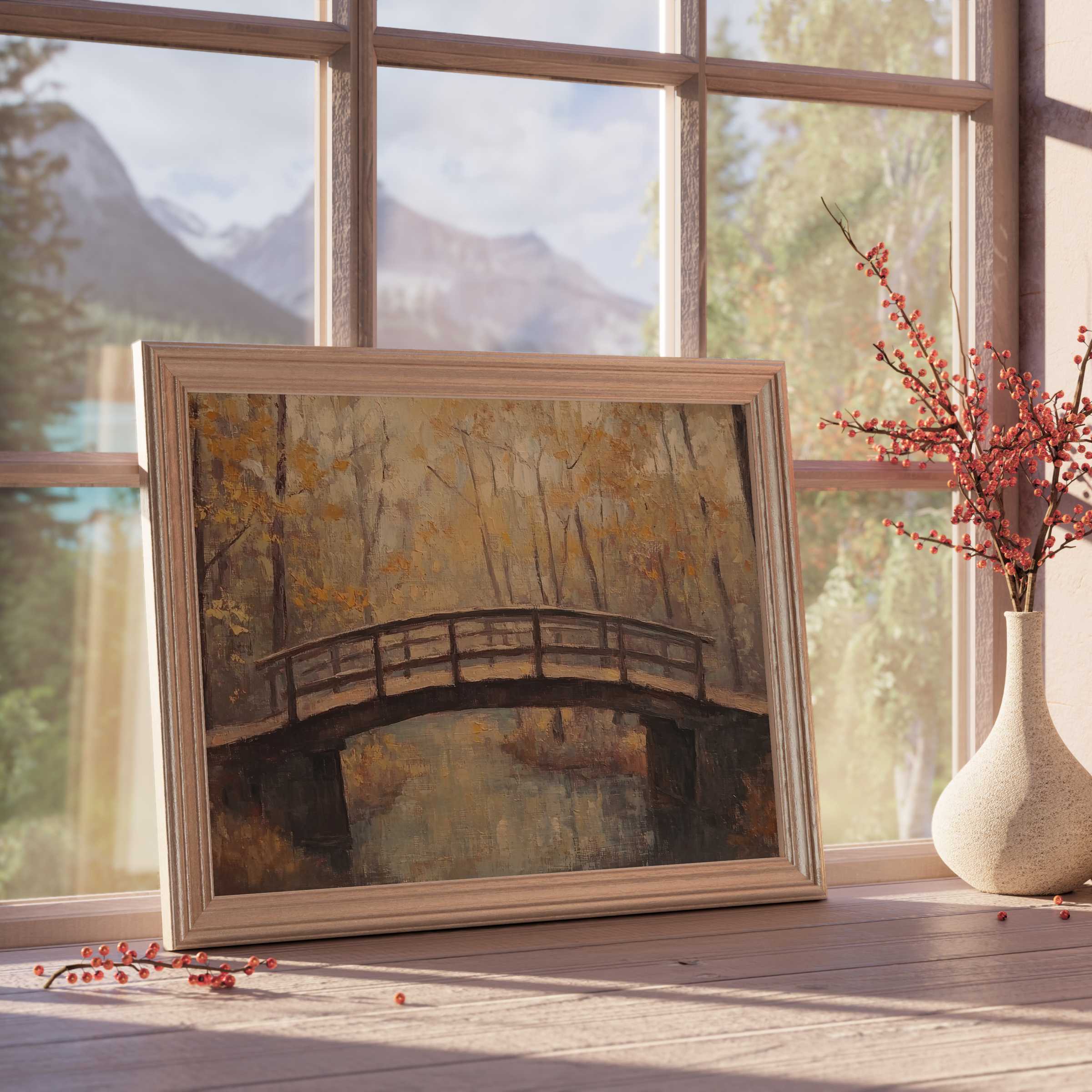 Warm fall downloadable art capturing a serene woodland bridge, elevating tranquil, curated interiors with timeless autumn charm
