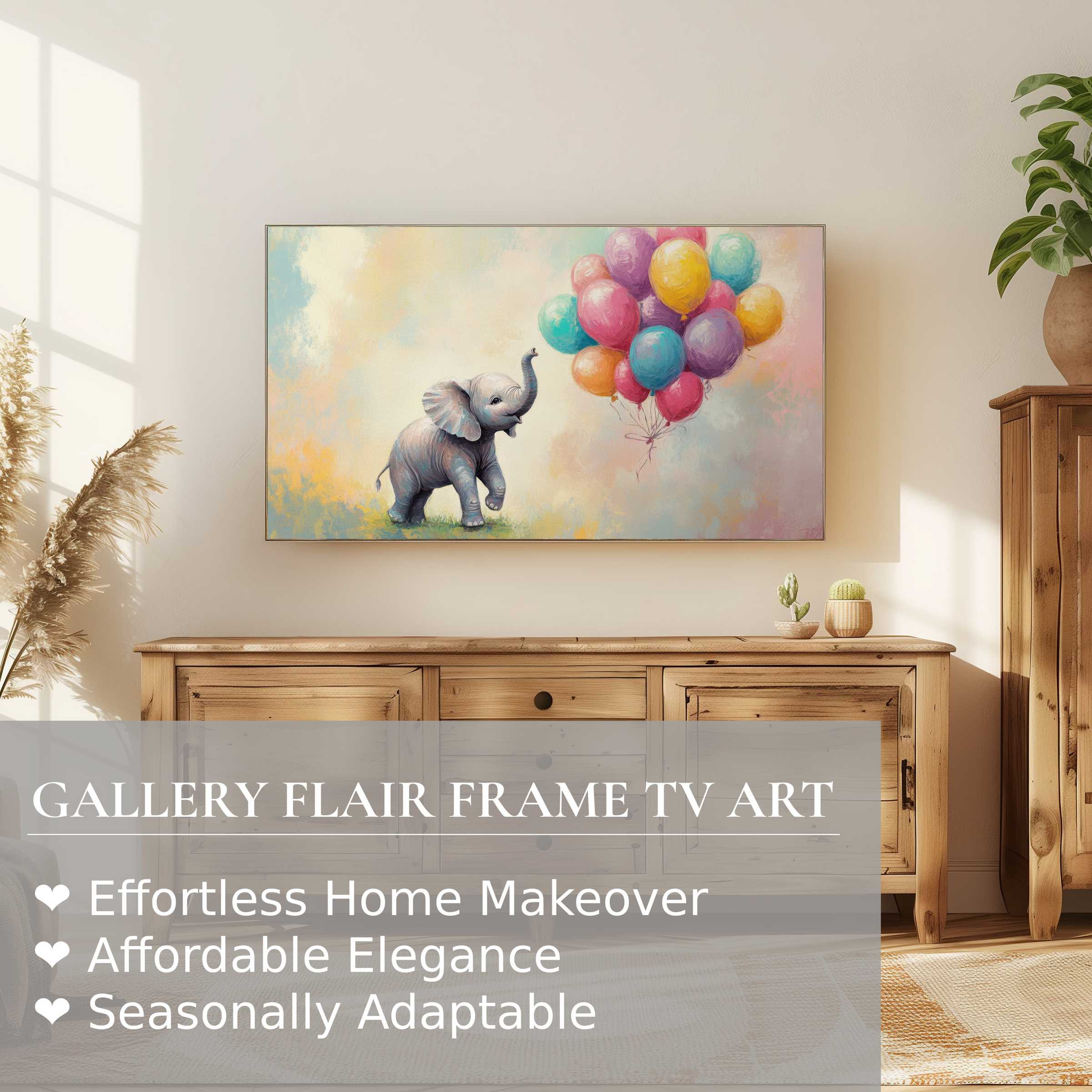 Modern nursery digital artwork of a baby elephant with balloons on Samsung Frame TV in cozy, elegant setting