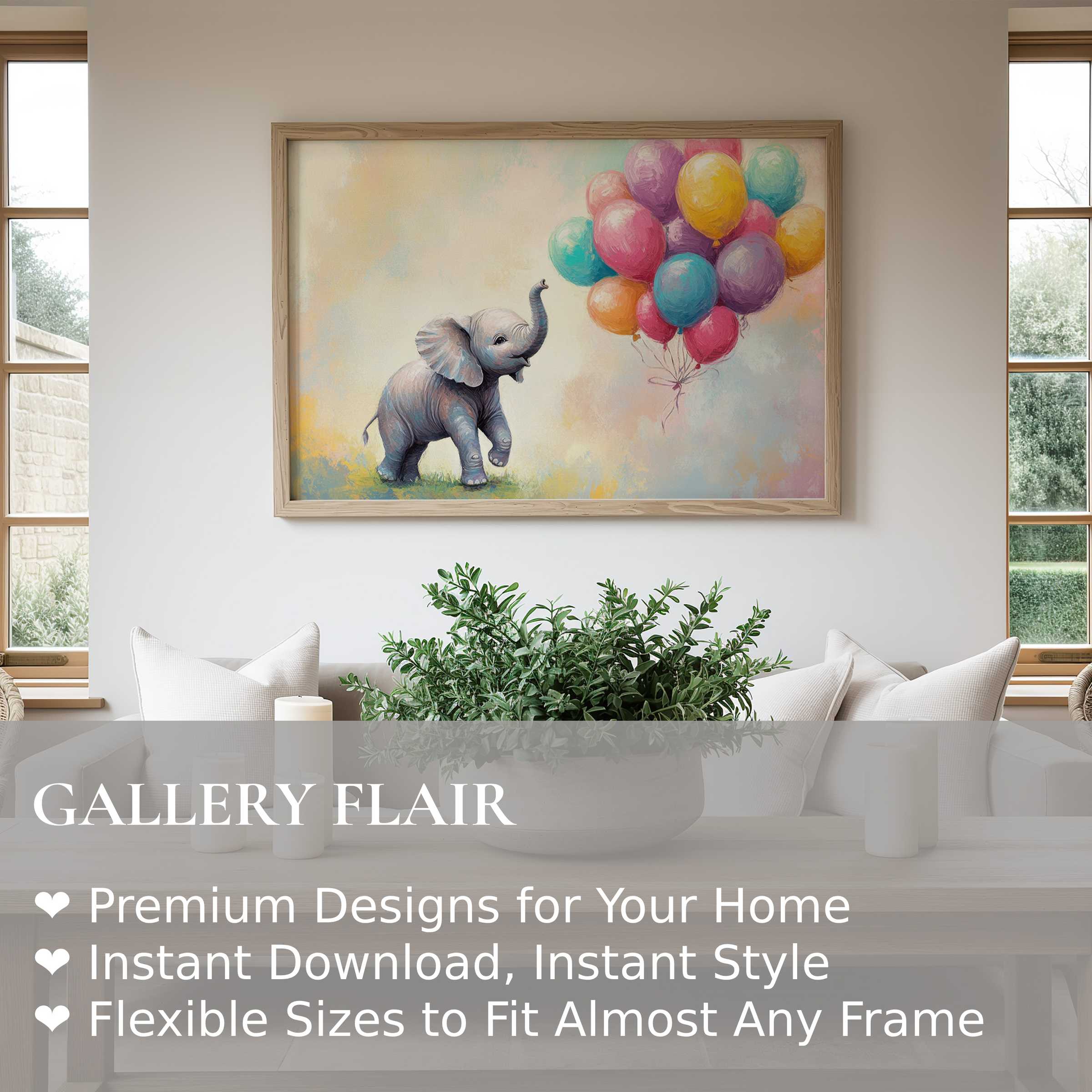 Nursery wall art print featuring a radiant baby elephant with colorful balloons, adding a soft, joyful touch to modern minimal interiors